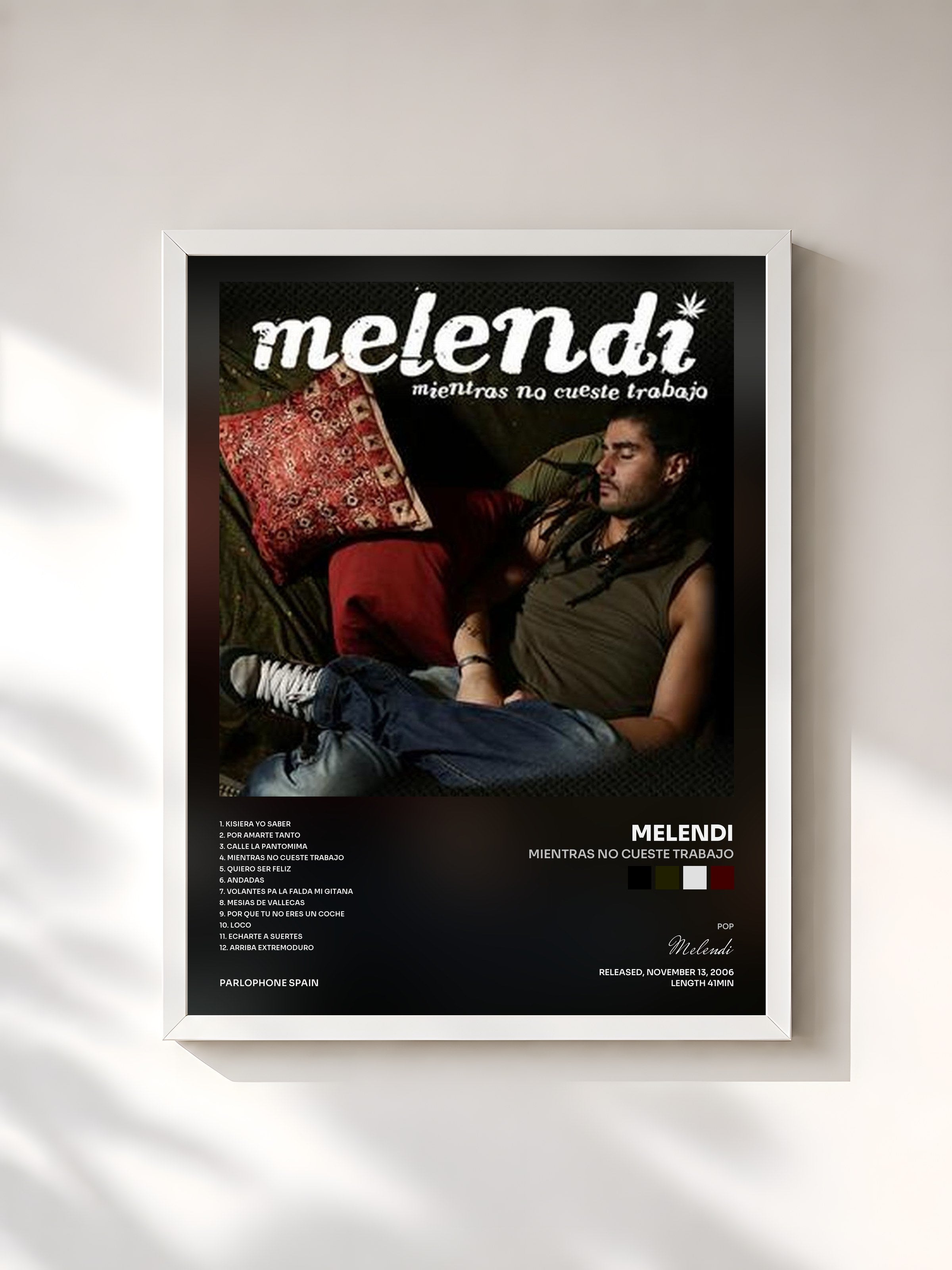 #blanc Tableau de l'album Mientras No Cueste Trabajo de Melendi, cadre blanc, imprimé et encadré en France