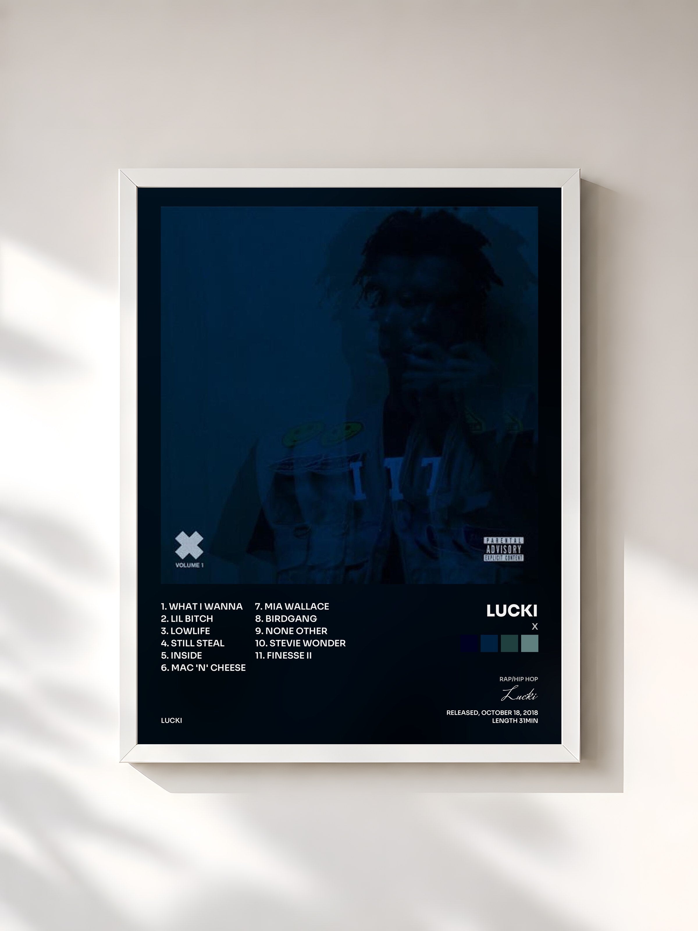 #blanc Tableau de l'album X de Lucki, cadre blanc, imprimé et encadré en France