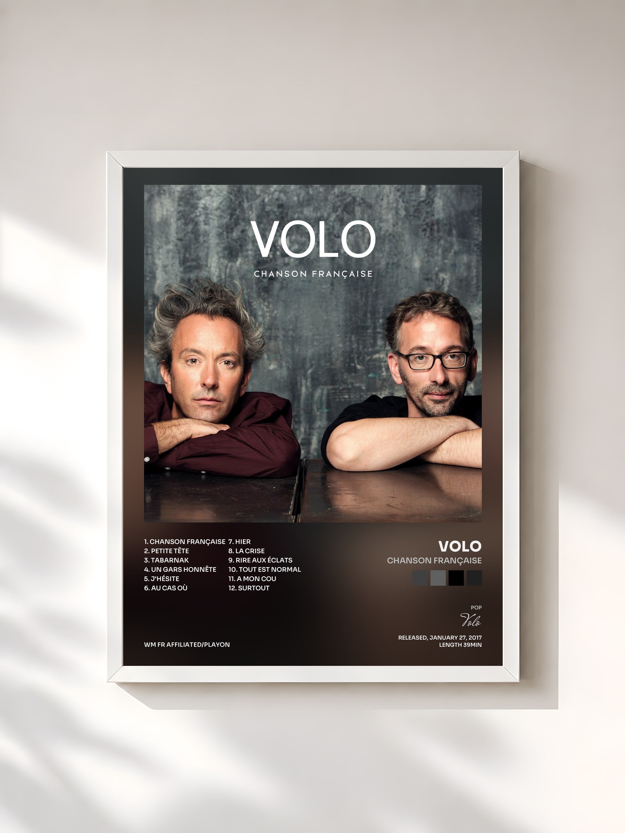 #blanc Tableau de l'album Chanson française de Volo, cadre blanc, imprimé et encadré en France