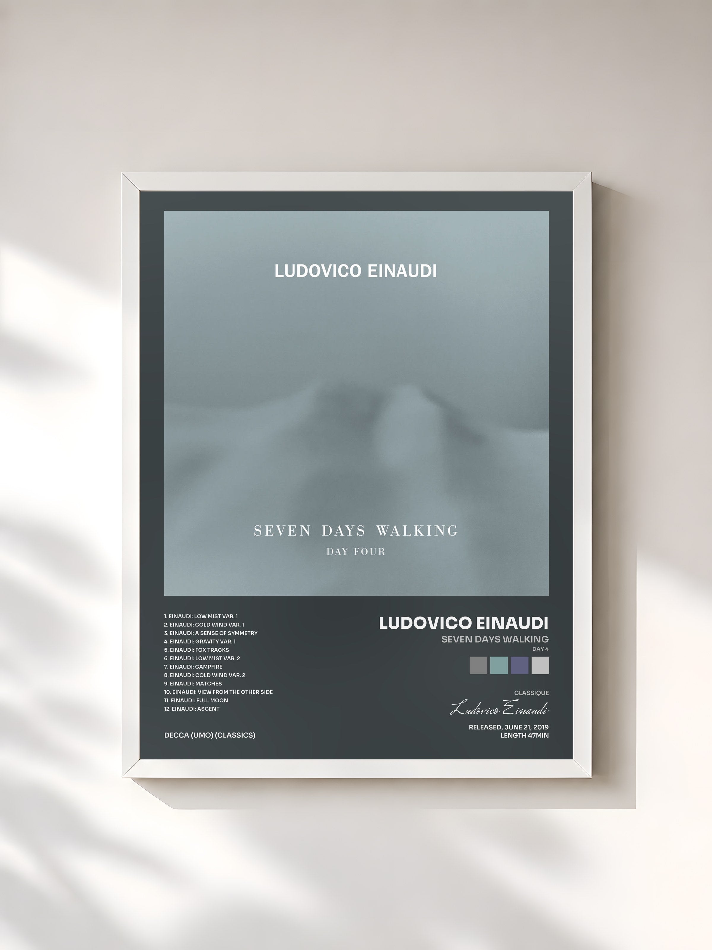 #blanc Tableau de l'album Seven Days Walking (Day 4) de Ludovico Einaudi, cadre blanc, imprimé et encadré en France