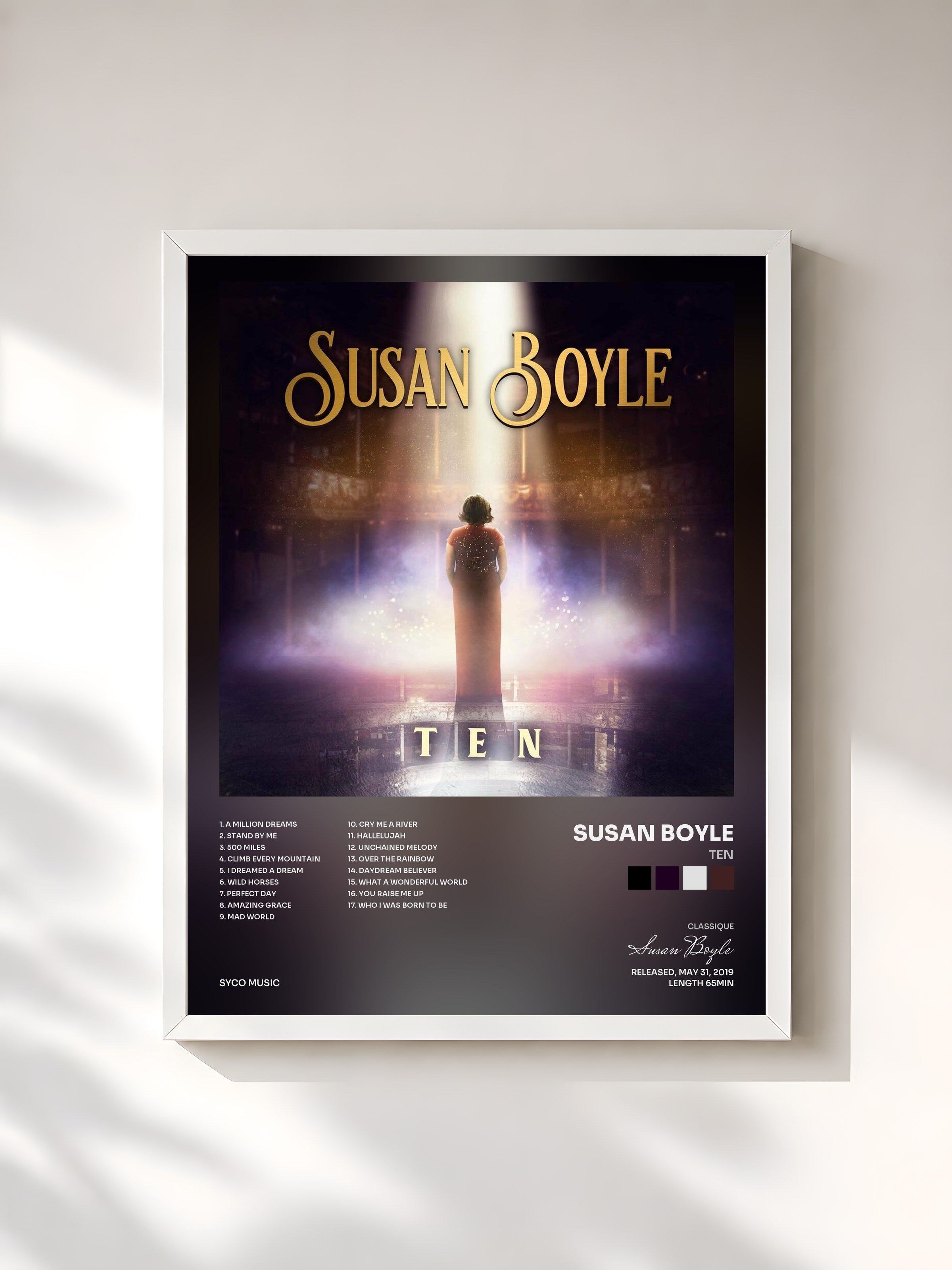 #blanc Tableau de l'album TEN de Susan Boyle, cadre blanc, imprimé et encadré en France