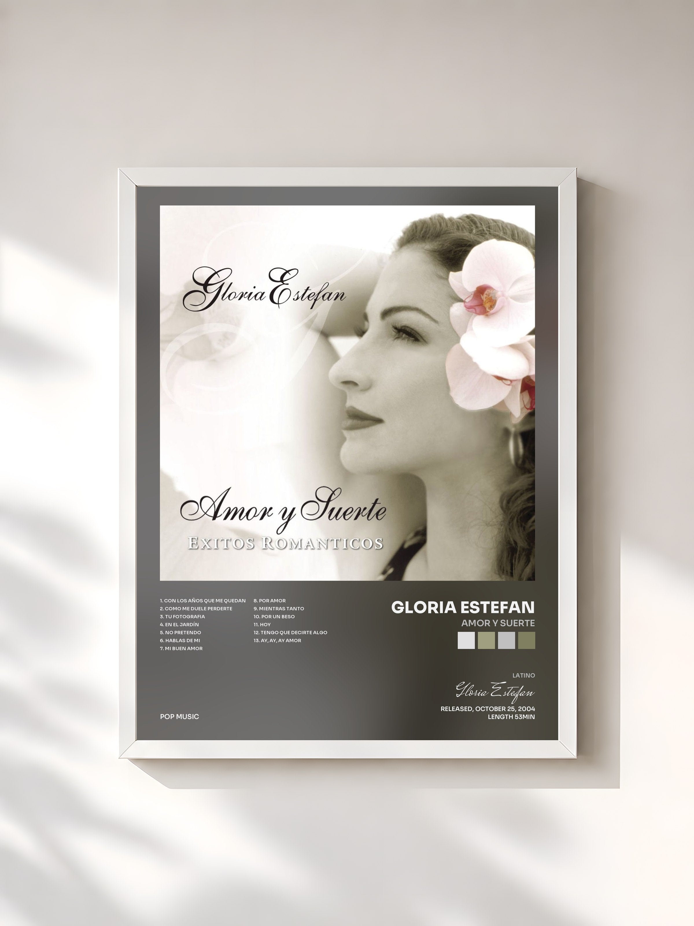 #blanc Tableau de l'album Amor Y Suerte de Gloria Estefan, cadre blanc, imprimé et encadré en France