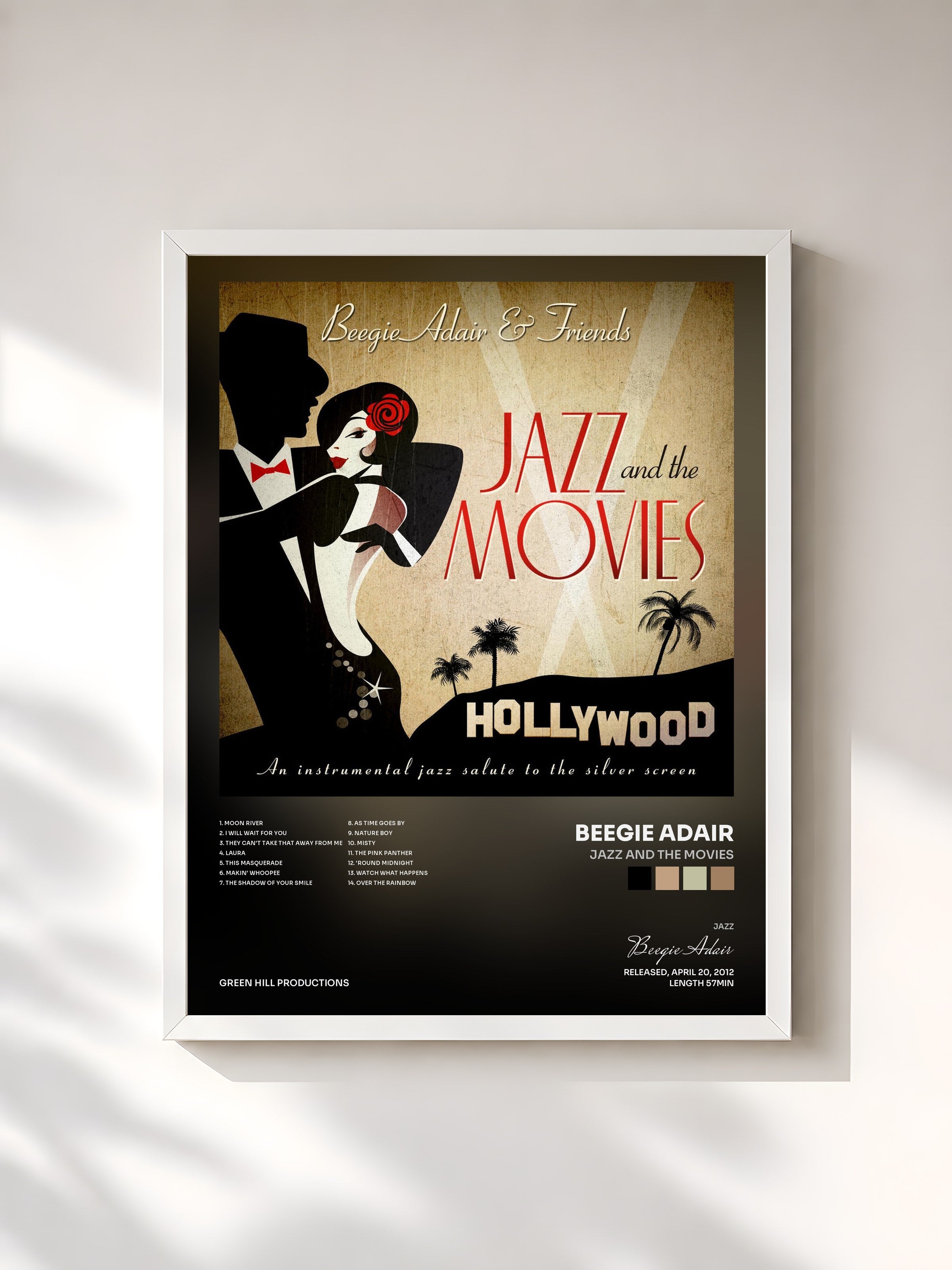 #blanc Tableau de l'album Jazz And The Movies de Beegie Adair, cadre blanc, imprimé et encadré en France