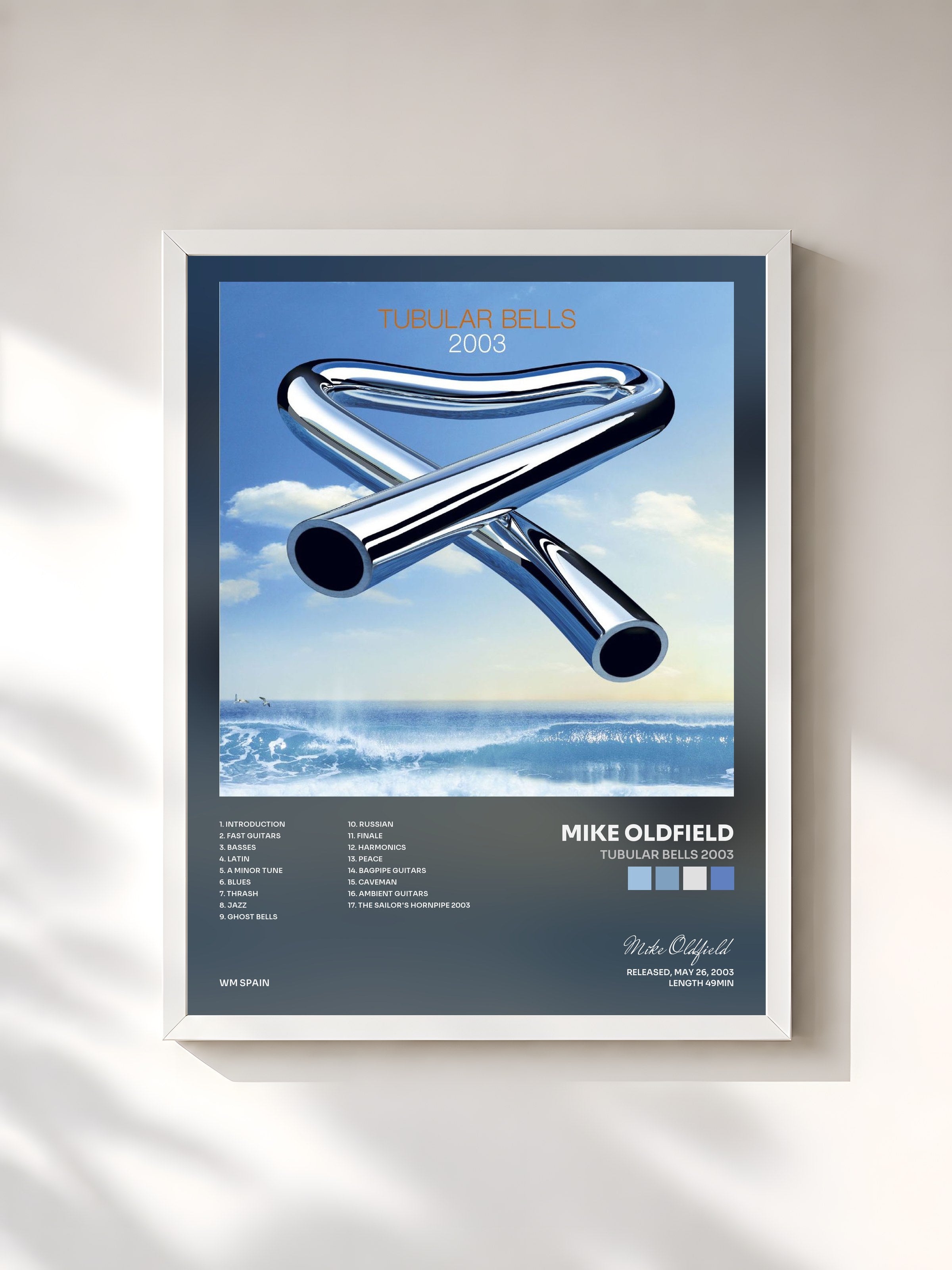 #blanc Tableau de l'album Tubular Bells 2003 de Mike Oldfield, cadre blanc, imprimé et encadré en France