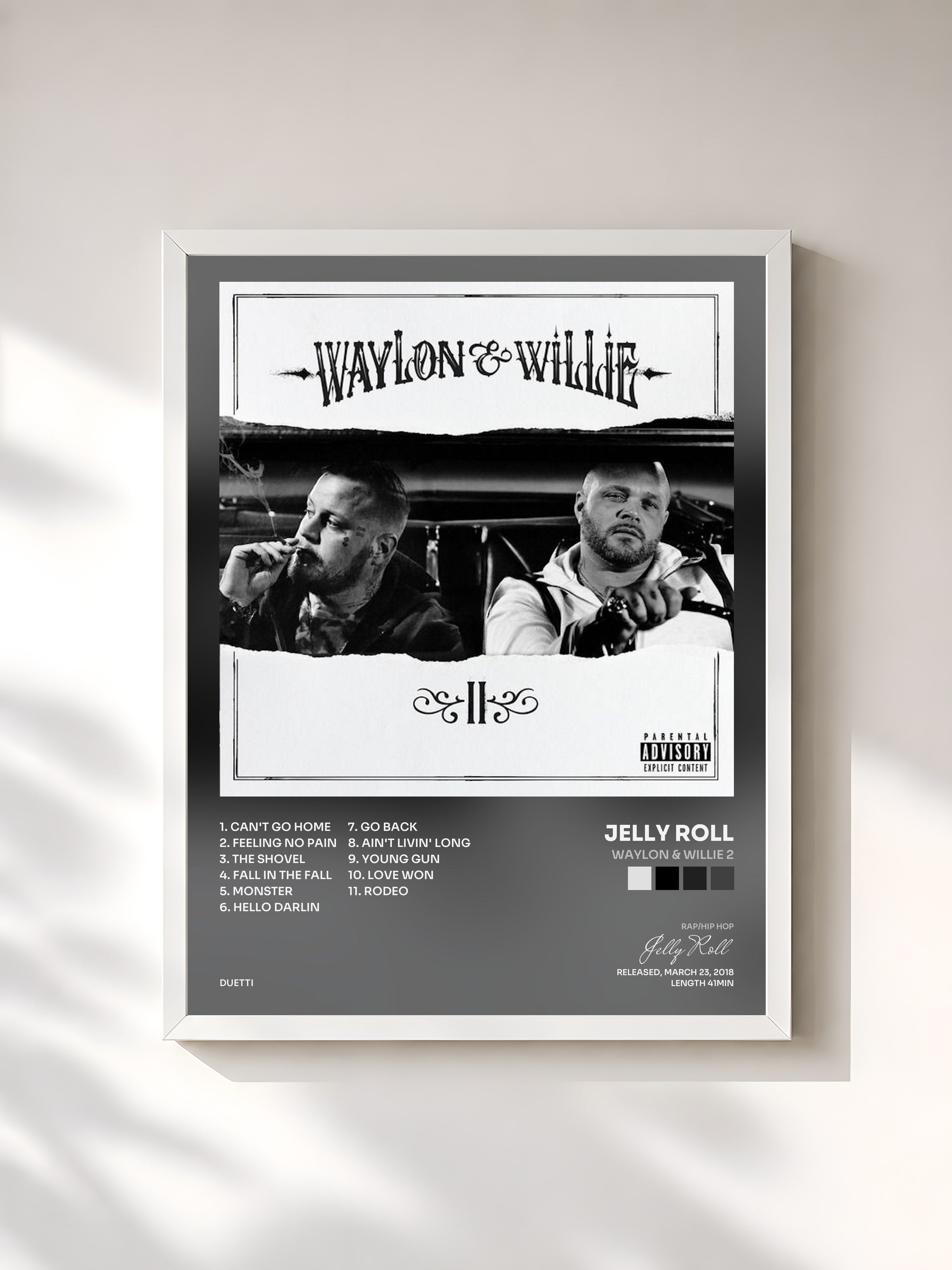 #blanc Tableau de l'album Waylon & Willie 2 de Jelly Roll, cadre blanc, imprimé et encadré en France