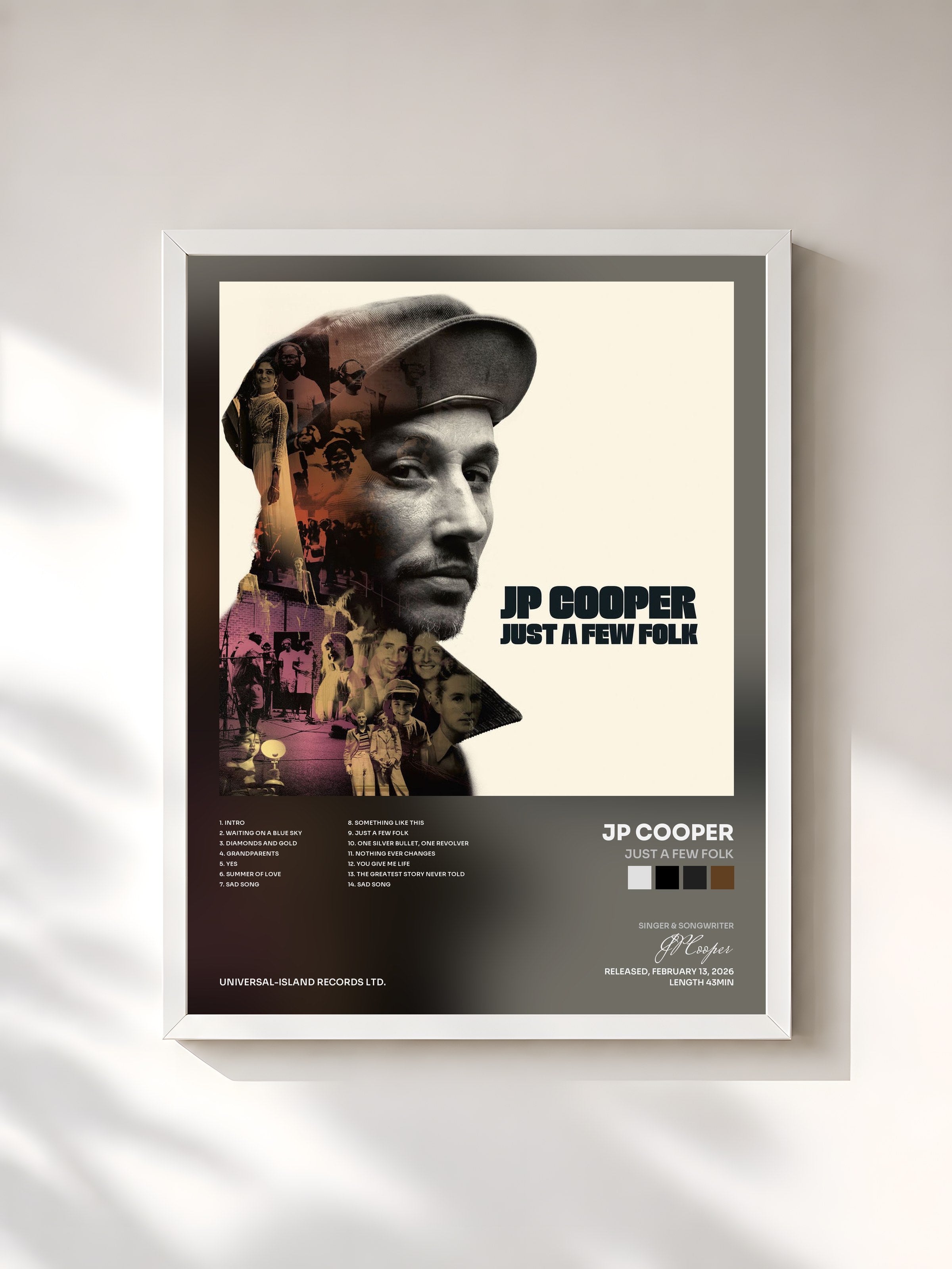 #blanc Tableau de l'album Just A Few Folk de JP Cooper, cadre blanc, imprimé et encadré en France