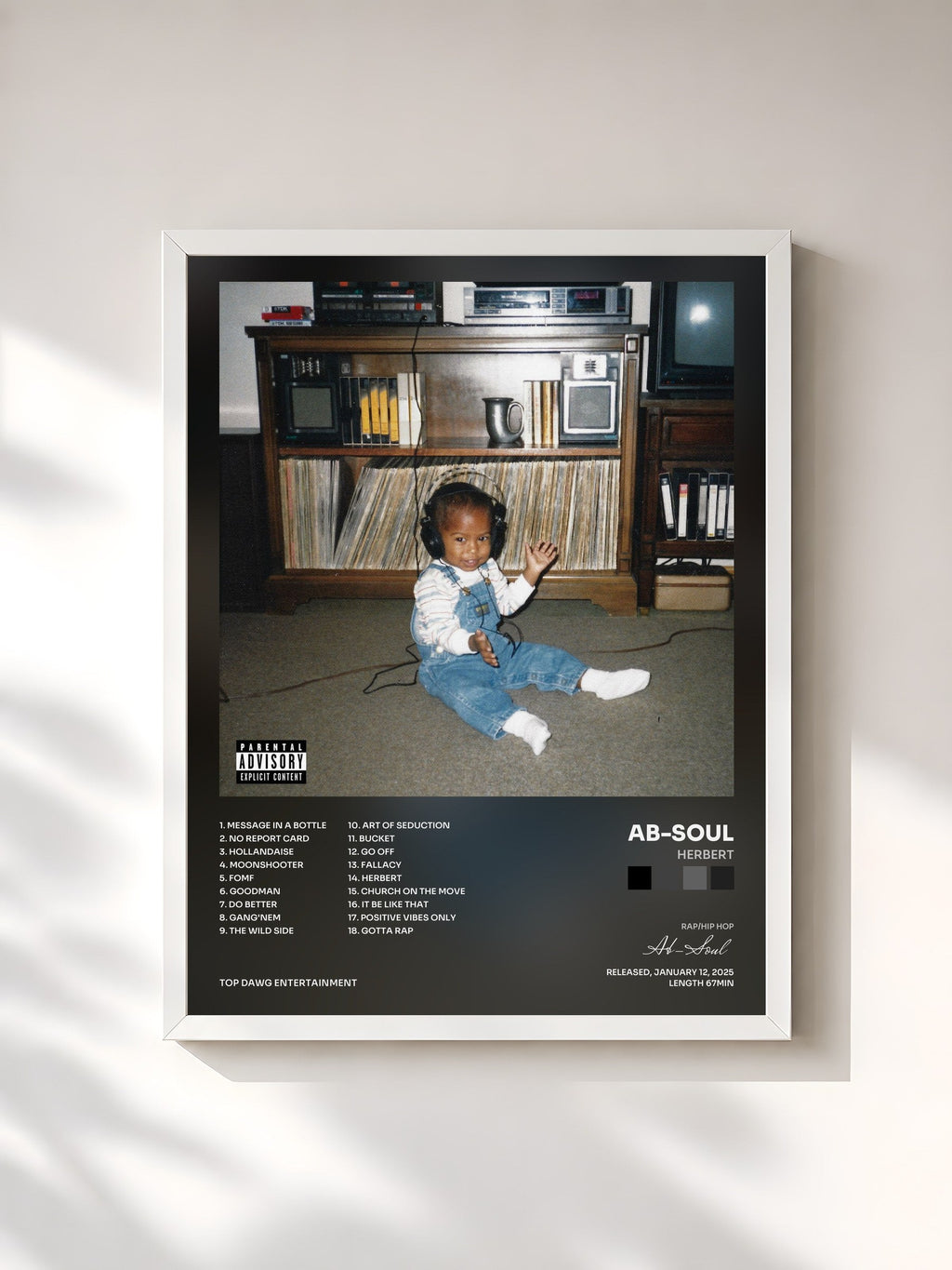 #blanc Tableau de l'album HERBERT de Ab-Soul, cadre blanc, imprimé et encadré en France