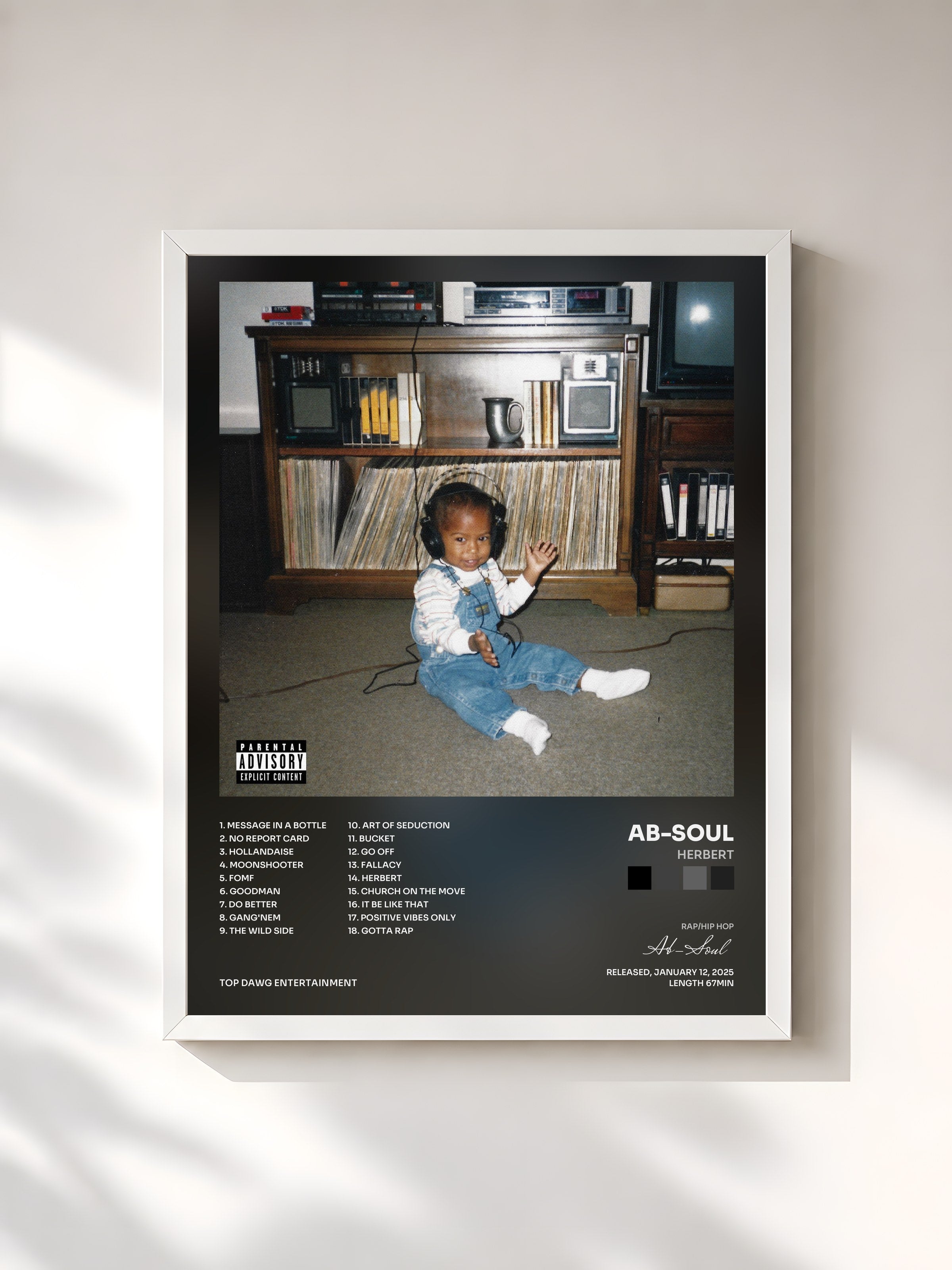 #blanc Tableau de l'album HERBERT de Ab-Soul, cadre blanc, imprimé et encadré en France