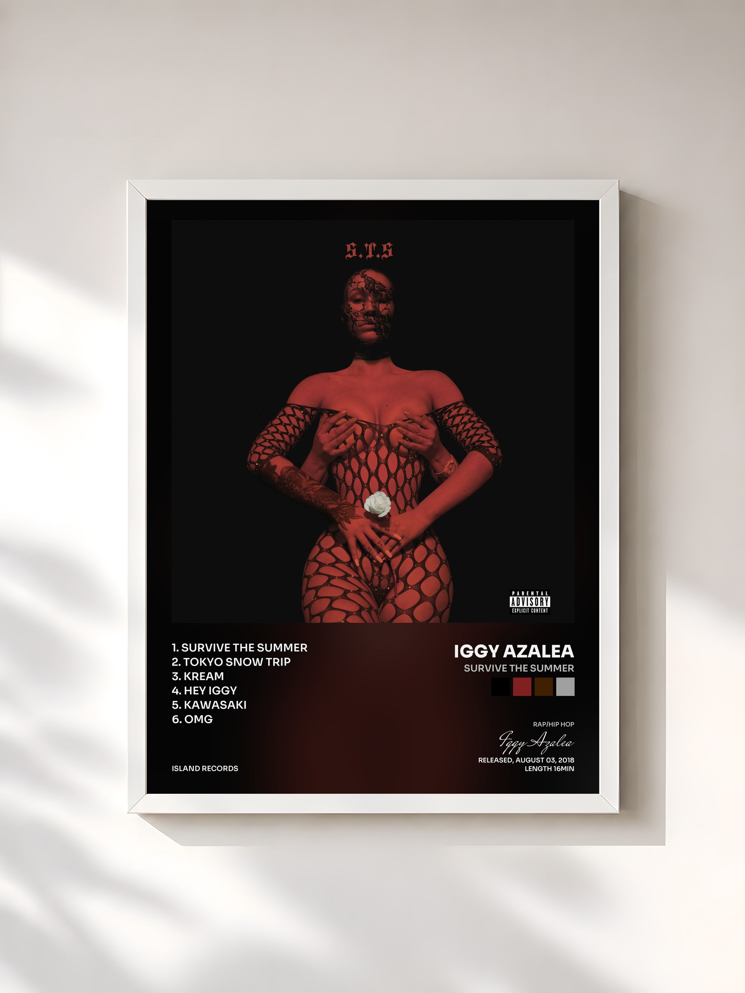 #blanc Tableau de l'album Survive The Summer de Iggy Azalea, cadre blanc, imprimé et encadré en France