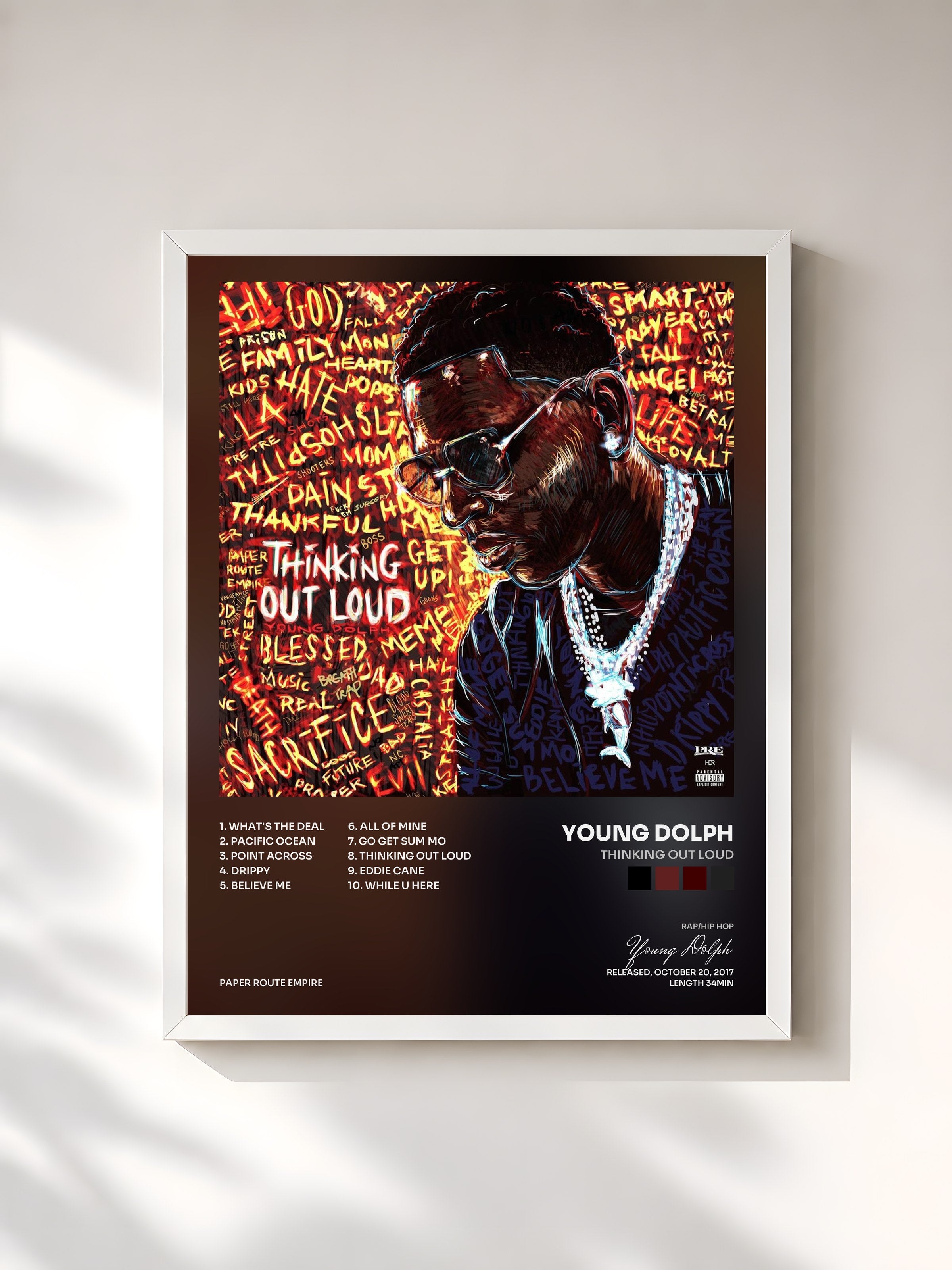 #blanc Tableau de l'album Thinking Out Loud de Young Dolph, cadre blanc, imprimé et encadré en France