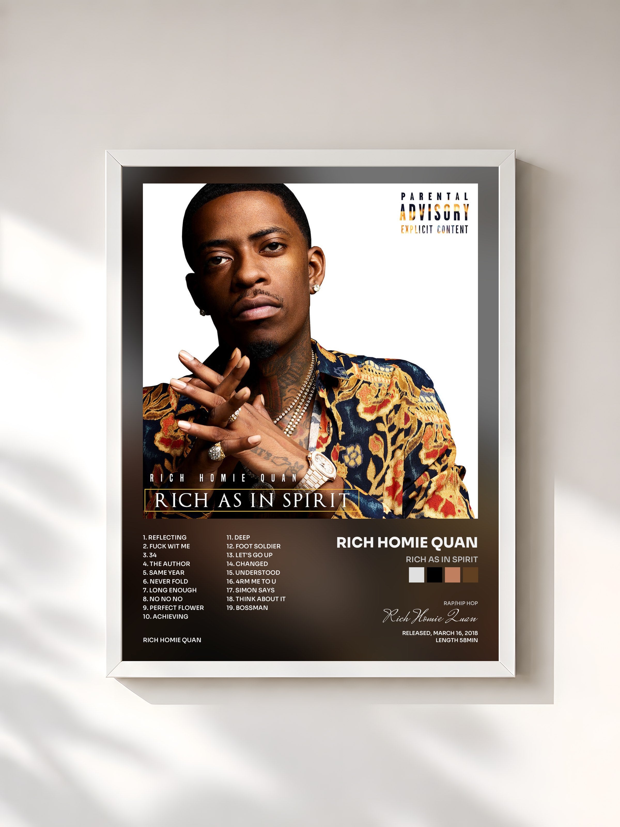 #blanc Tableau de l'album Rich As In Spirit de Rich Homie Quan, cadre blanc, imprimé et encadré en France