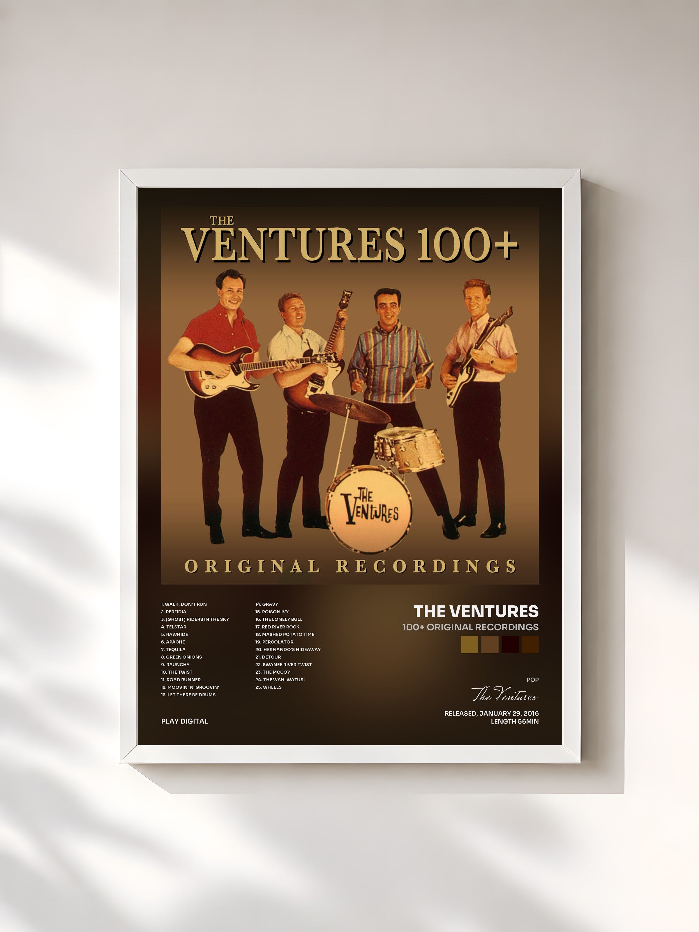 #blanc Tableau de l'album 100+ Original Recordings de The Ventures, cadre blanc, imprimé et encadré en France