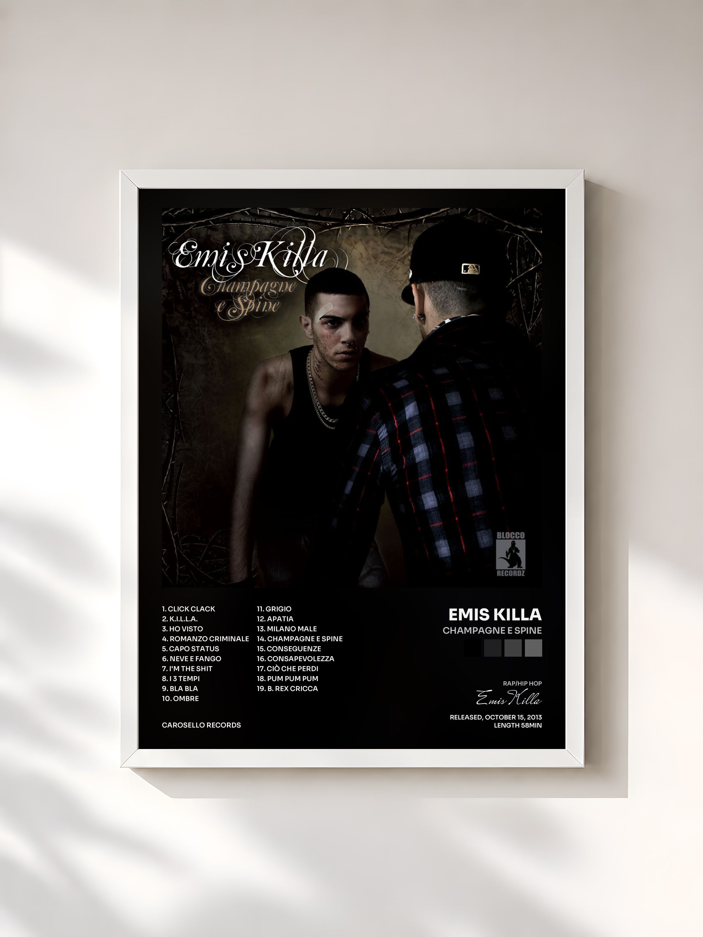 #blanc Tableau de l'album Champagne e spine de Emis Killa, cadre blanc, imprimé et encadré en France