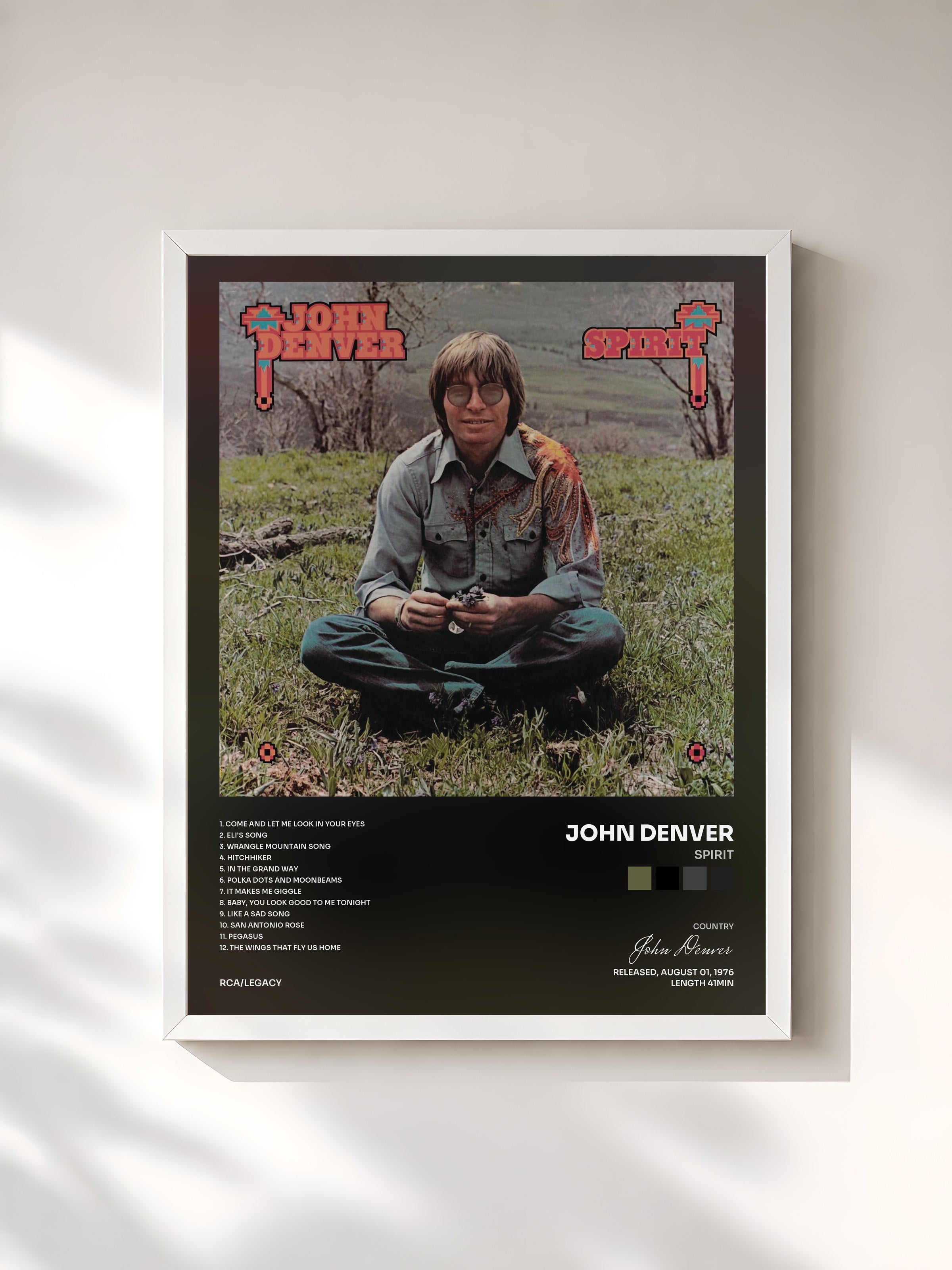 #blanc Tableau de l'album Spirit de John Denver, cadre blanc, imprimé et encadré en France