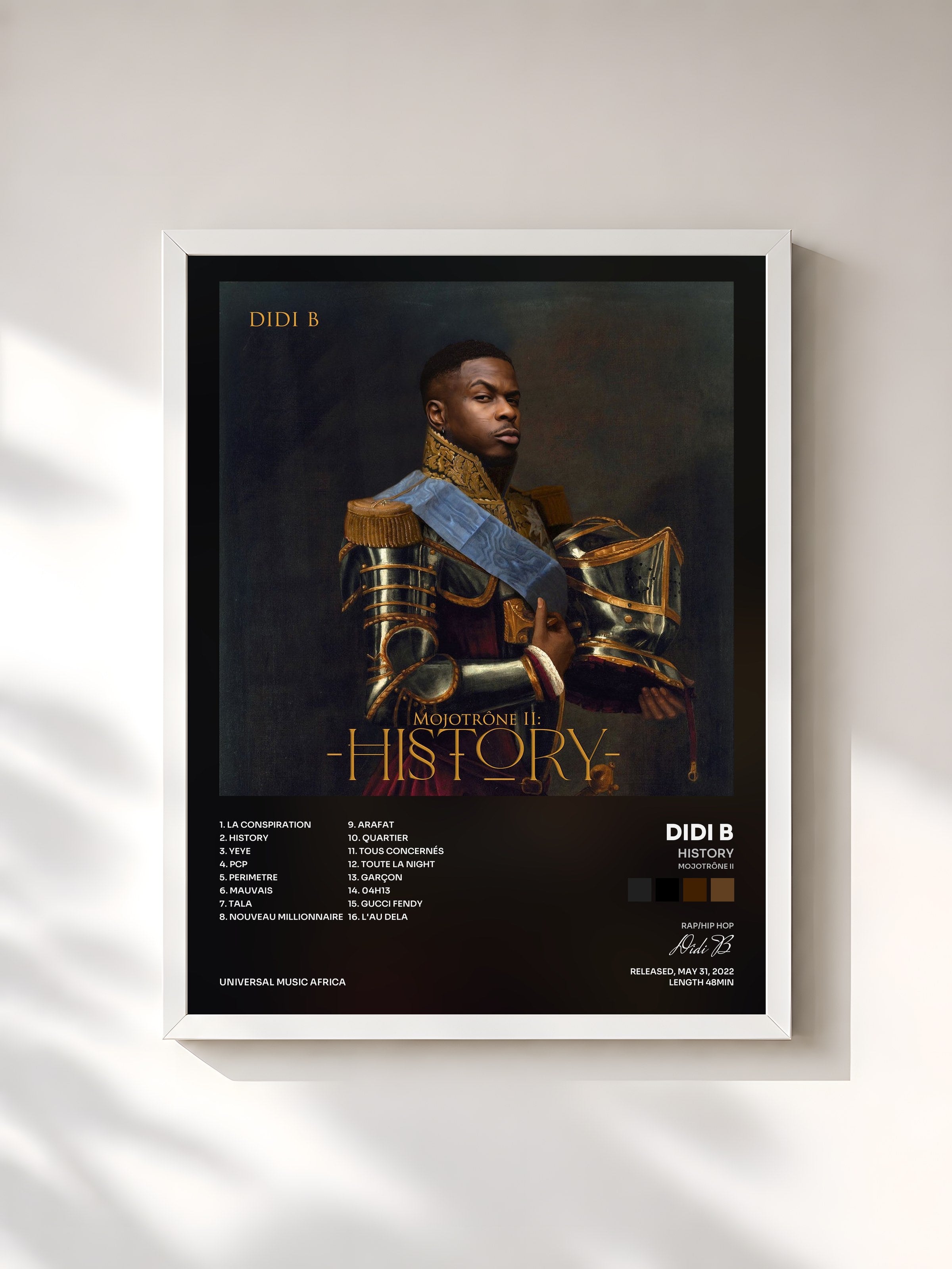 #blanc Tableau de l'album History (Mojotrône II) de Didi B, cadre blanc, imprimé et encadré en France