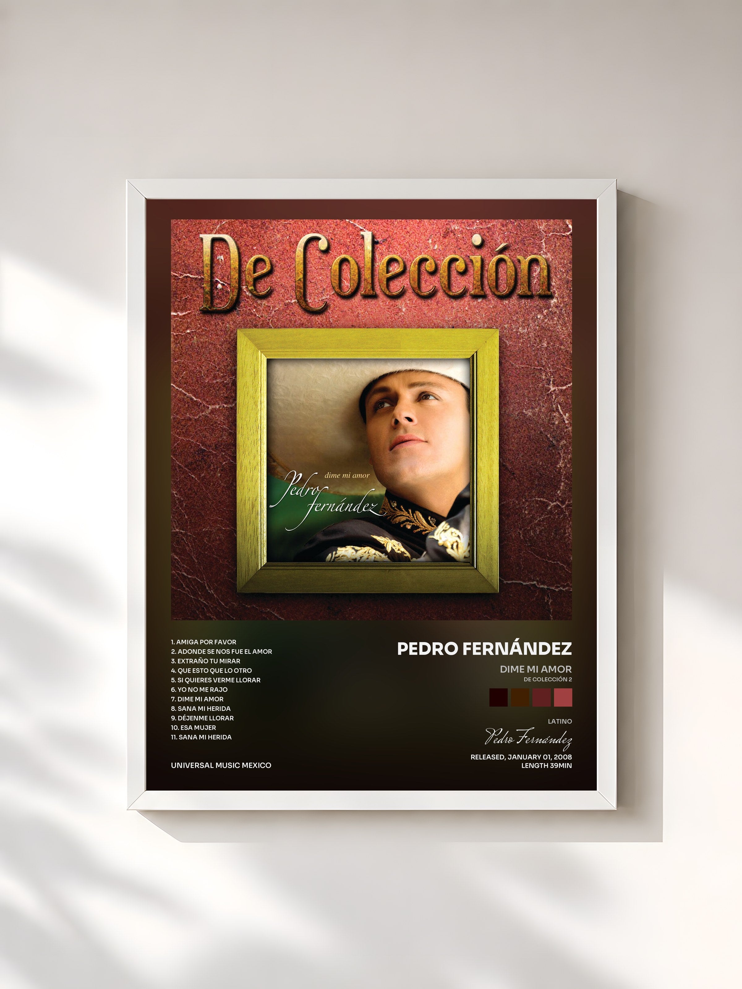 #blanc Tableau de l'album Dime Mi Amor (De Colección 2) de Pedro Fernández, cadre blanc, imprimé et encadré en France