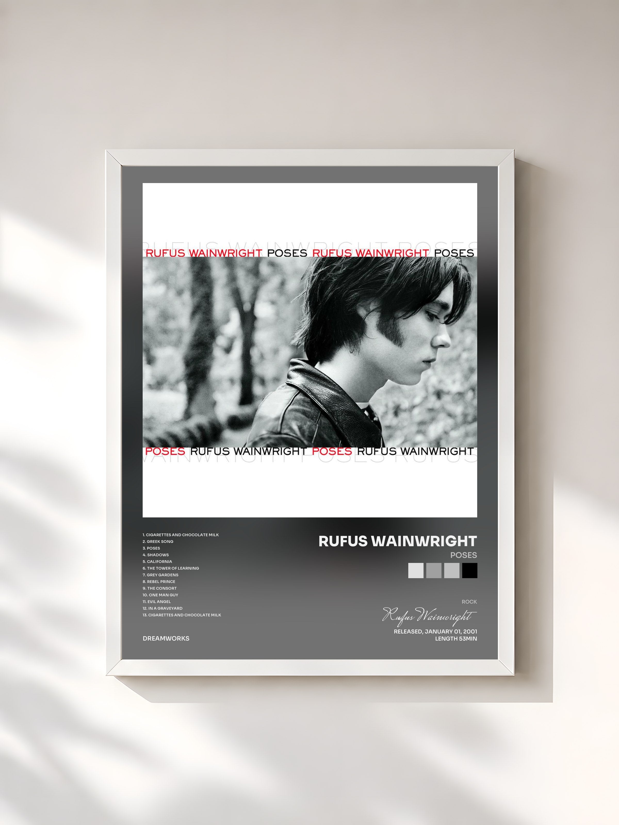 #blanc Tableau de l'album Poses de Rufus Wainwright, cadre blanc, imprimé et encadré en France