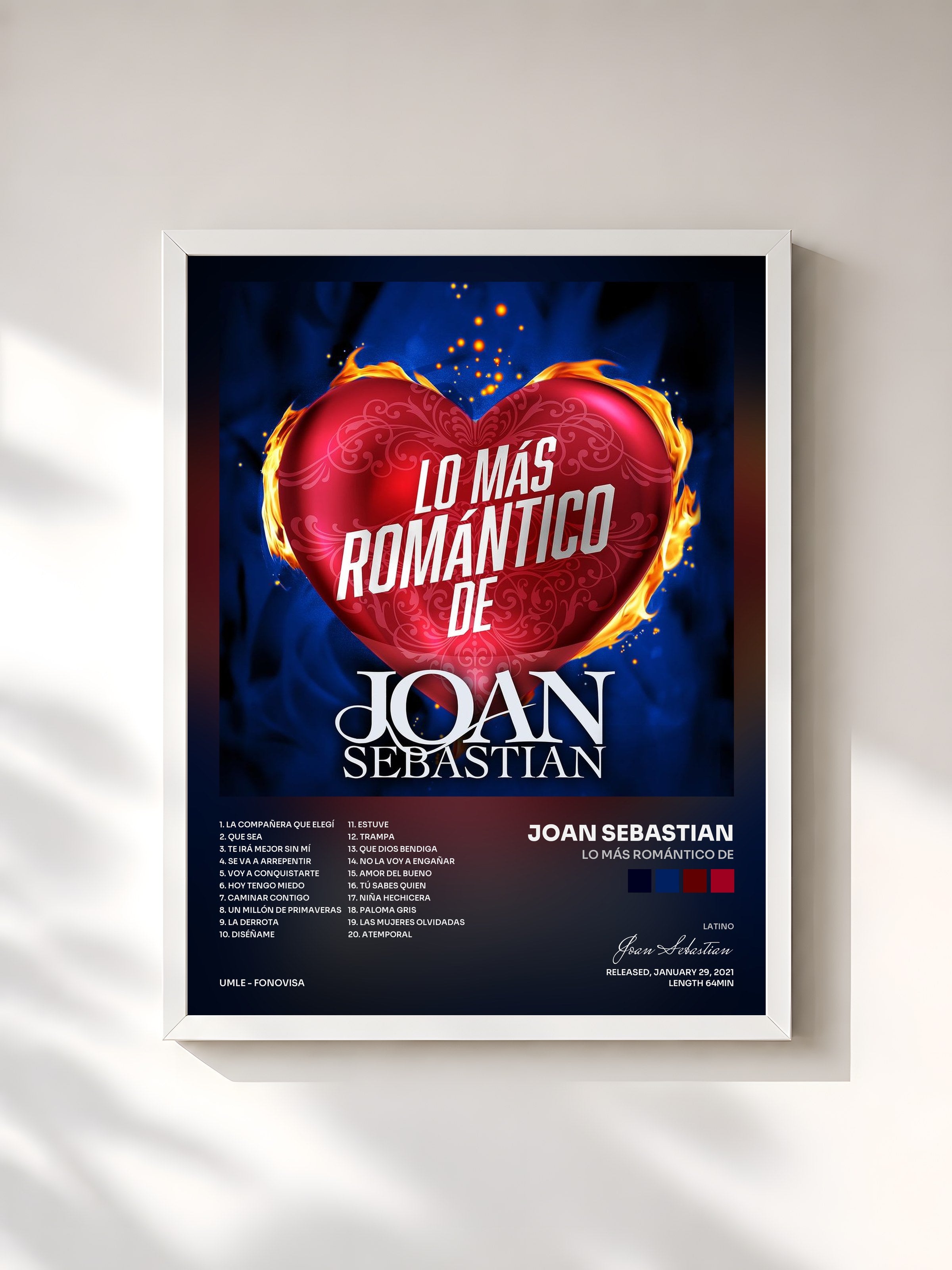 #blanc Tableau de l'album Lo Más Romántico De de Joan Sebastian, cadre blanc, imprimé et encadré en France