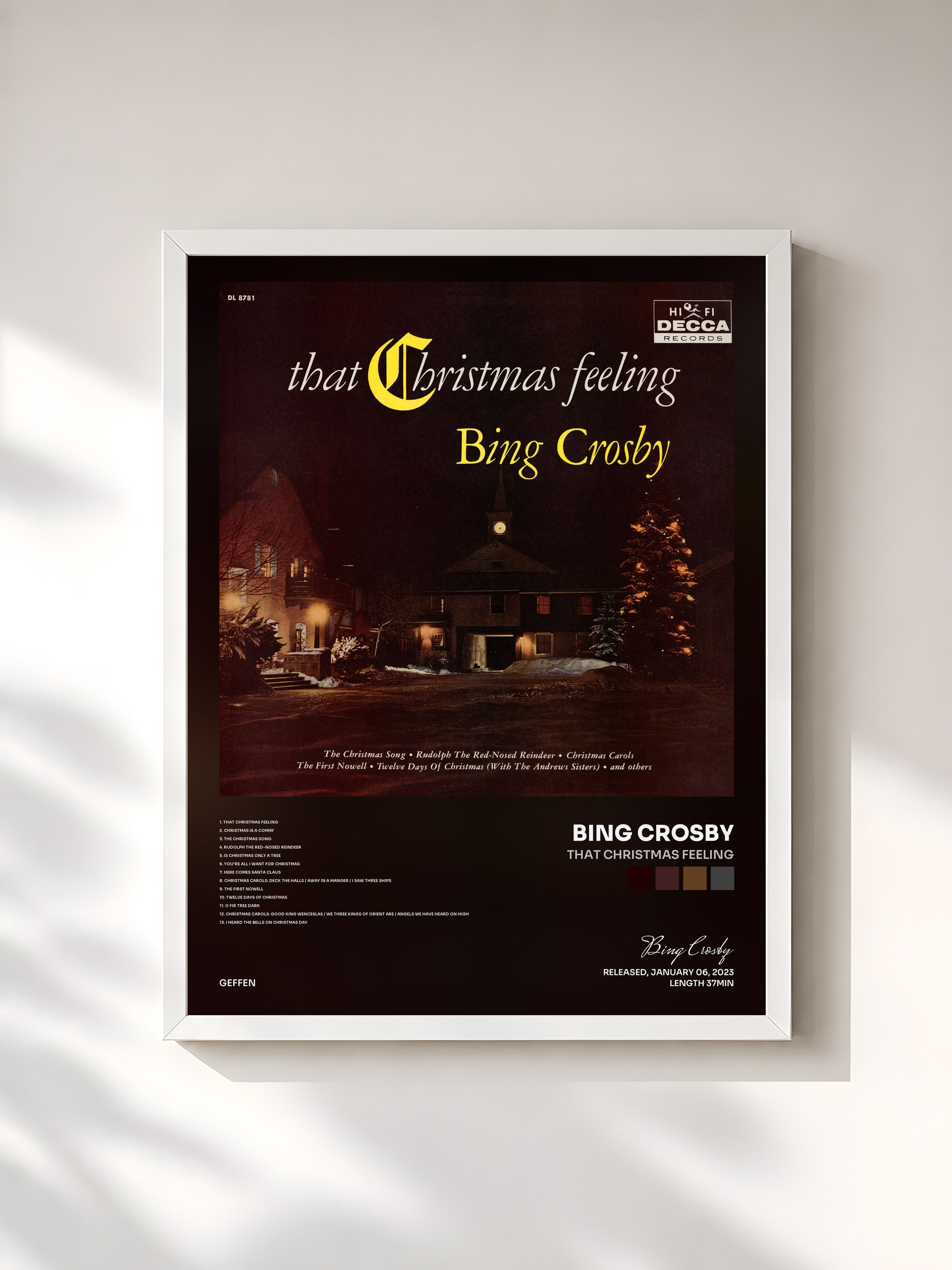 #blanc Tableau de l'album That Christmas Feeling de Bing Crosby, cadre blanc, imprimé et encadré en France