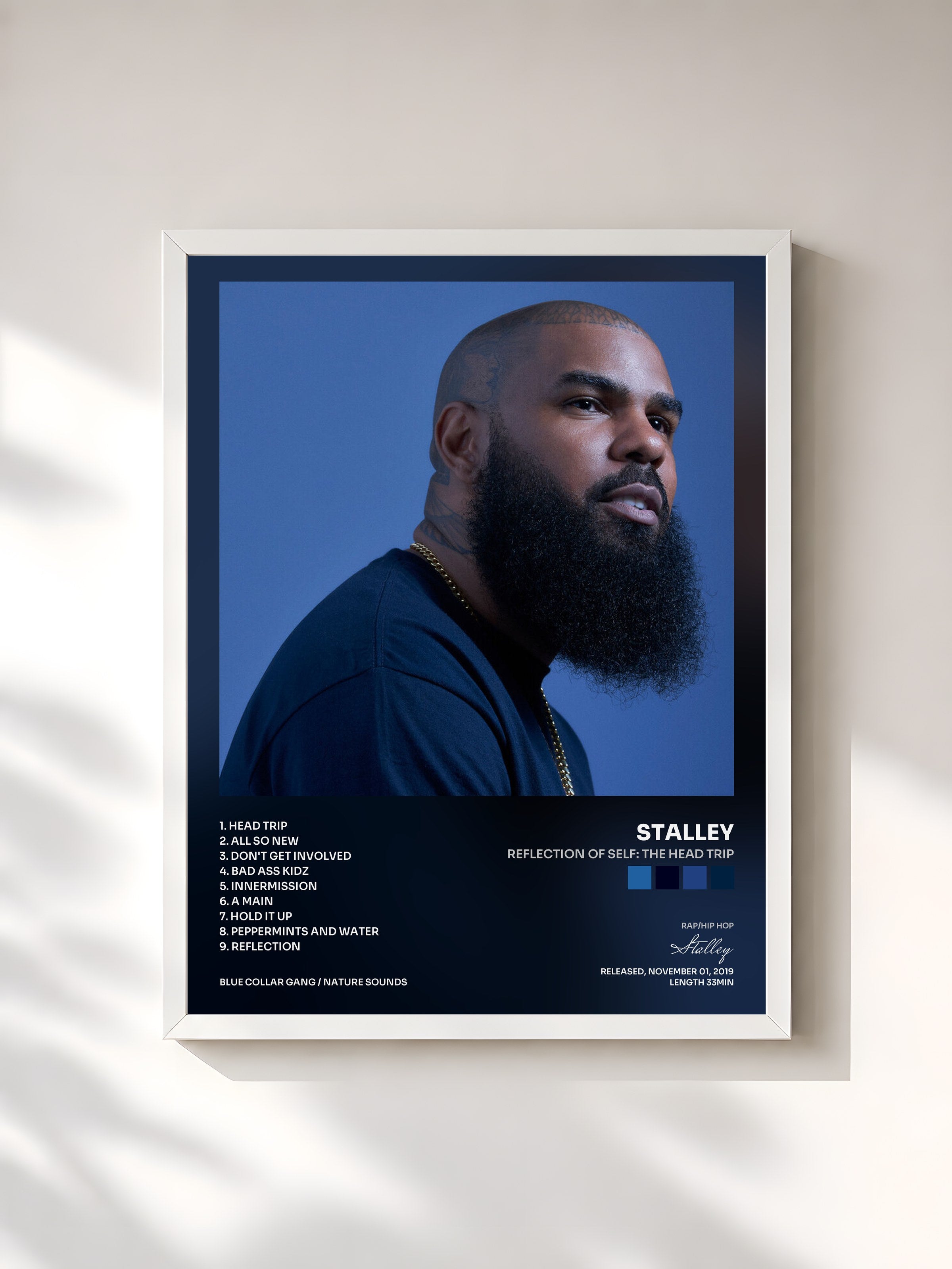 #blanc Tableau de l'album Reflection of Self: The Head Trip de Stalley, cadre blanc, imprimé et encadré en France
