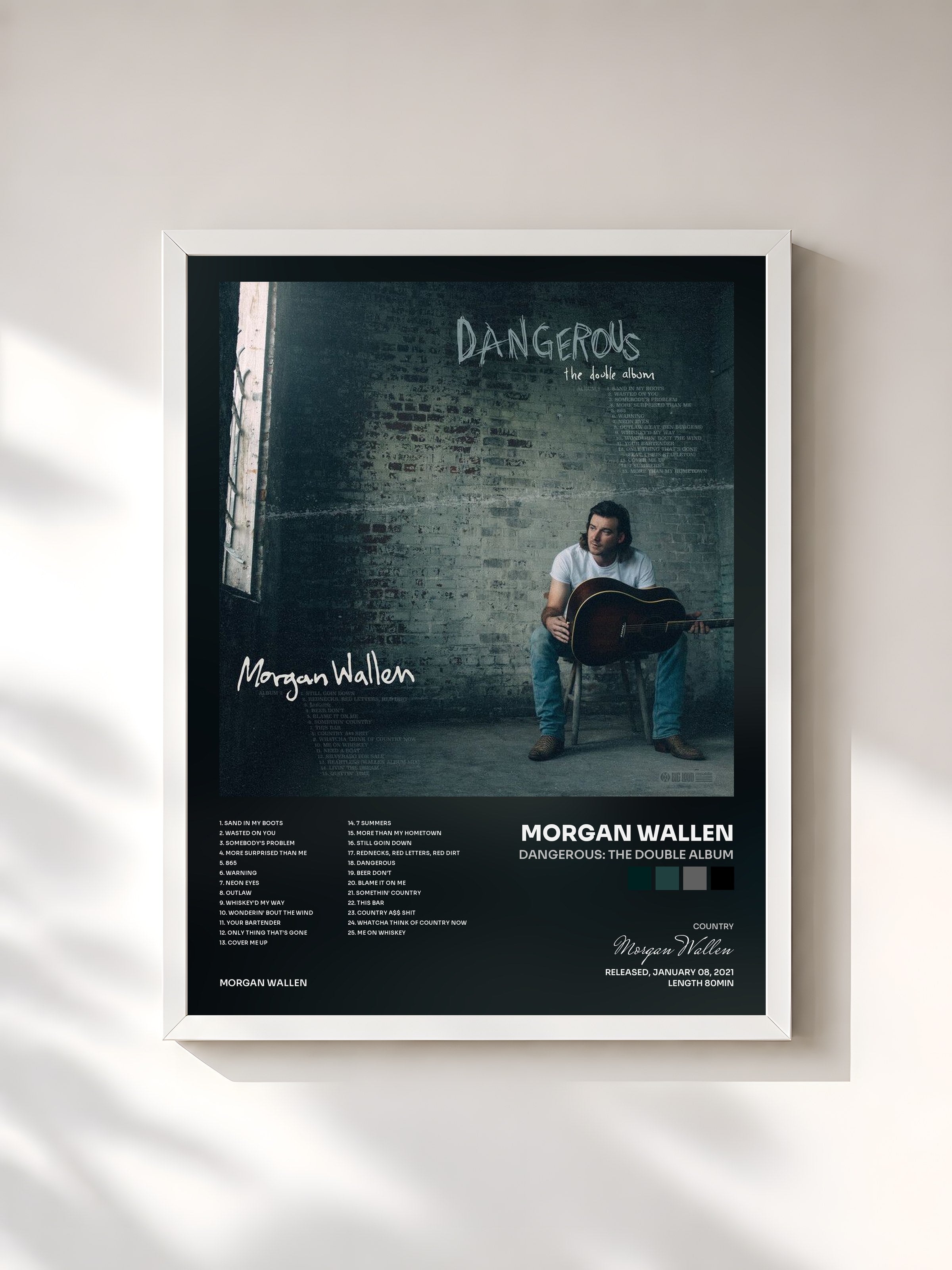 #blanc Tableau de l'album Dangerous: The Double Album de Morgan Wallen, cadre blanc, imprimé et encadré en France