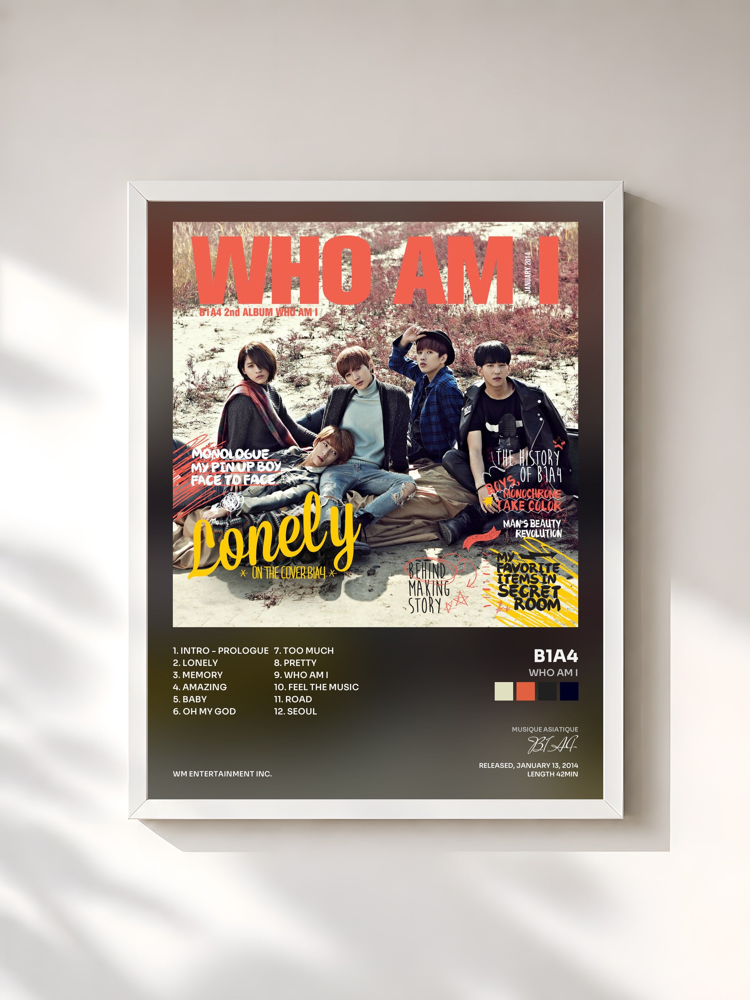 #blanc Tableau de l'album Who Am I de B1A4, cadre blanc, imprimé et encadré en France