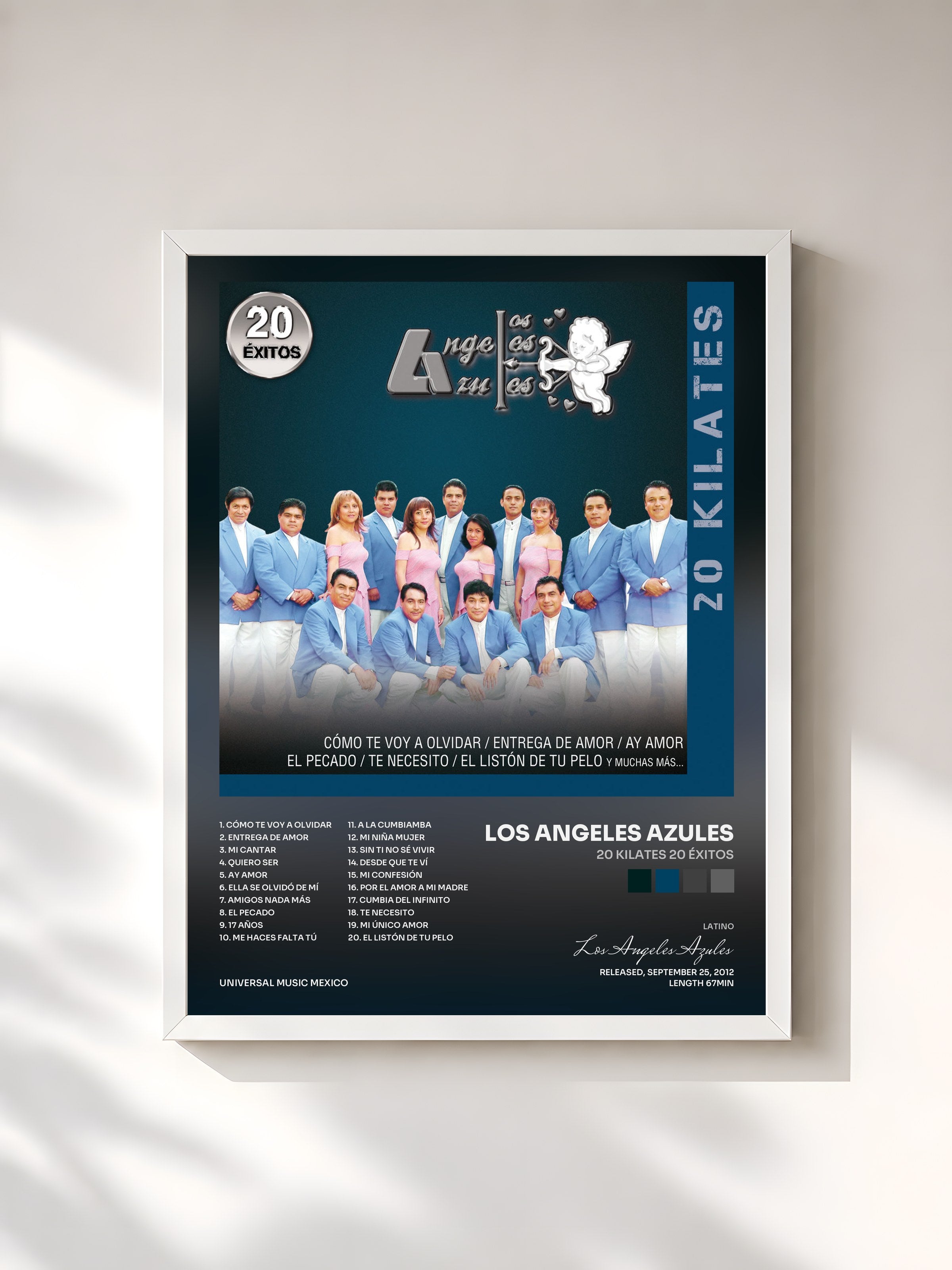 #blanc Tableau de l'album 20 Kilates 20 Éxitos de Los Angeles Azules, cadre blanc, imprimé et encadré en France