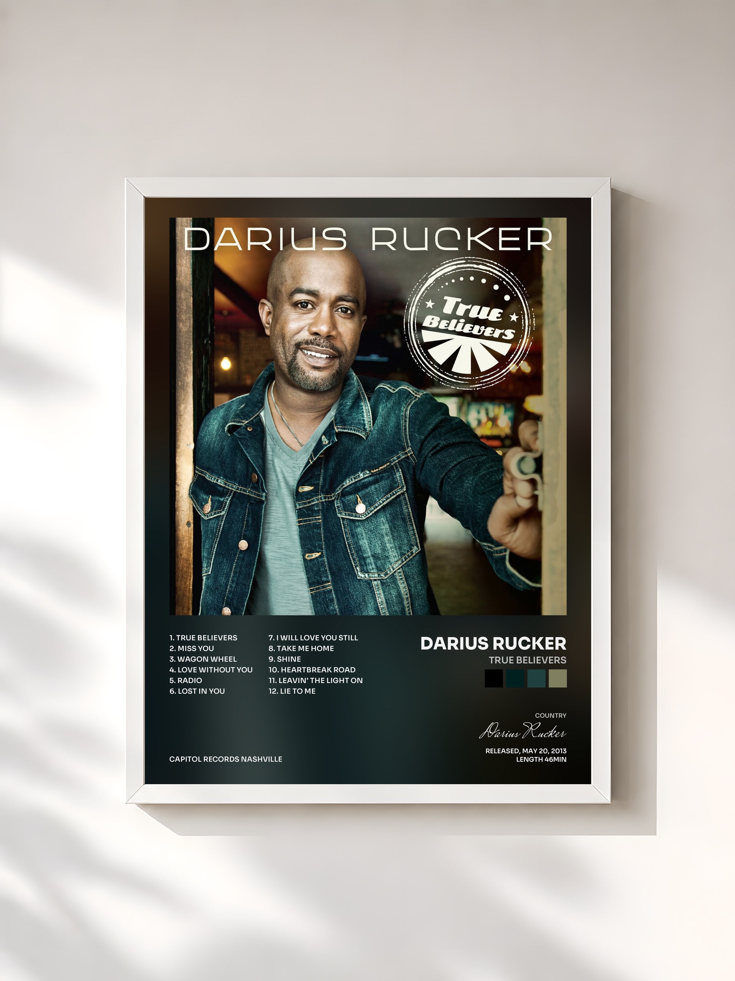 #blanc Tableau de l'album True Believers de Darius Rucker, cadre blanc, imprimé et encadré en France