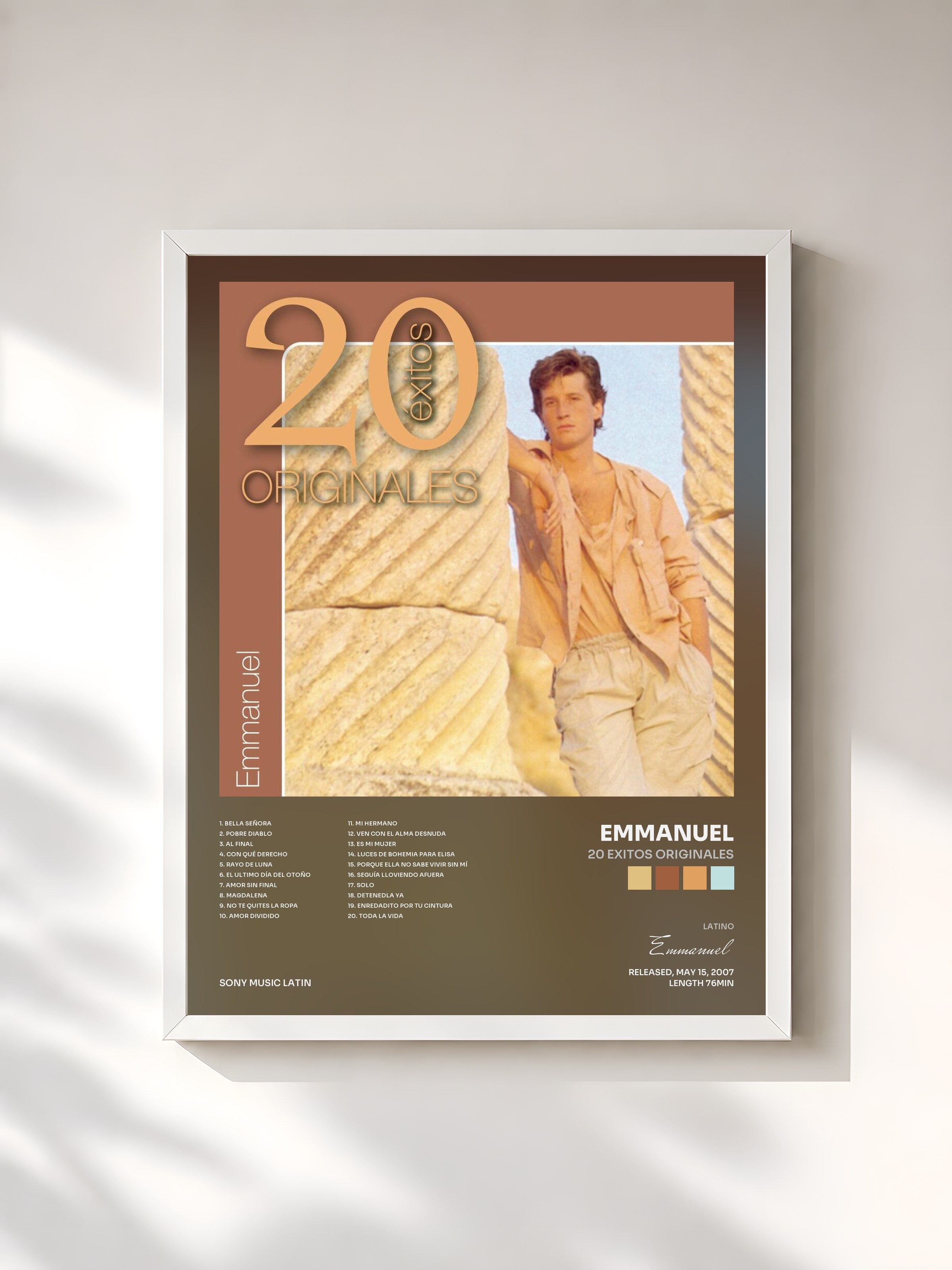 #blanc Tableau de l'album 20 Exitos Originales de Emmanuel, cadre blanc, imprimé et encadré en France