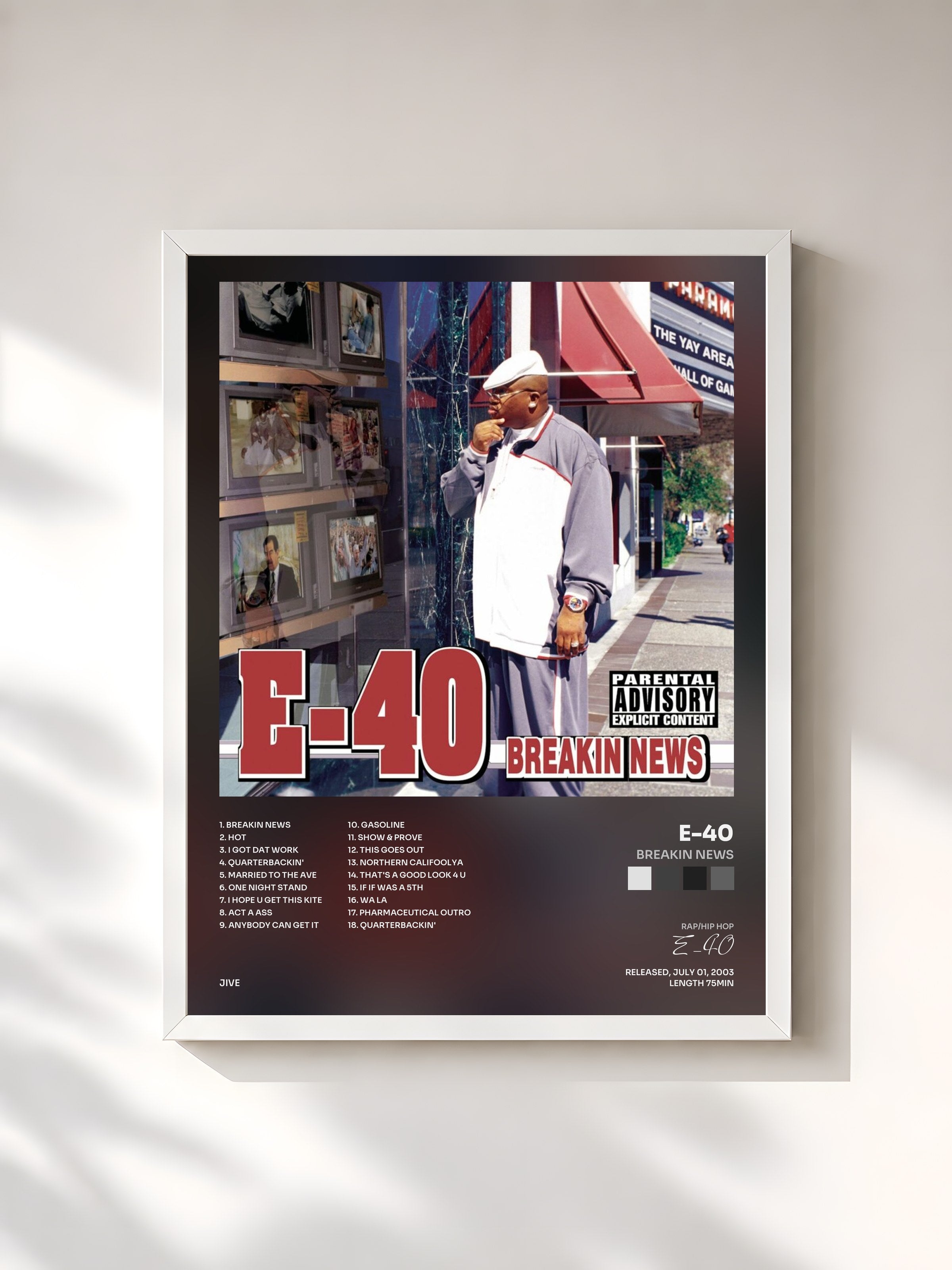 #blanc Tableau de l'album Breakin News de E-40, cadre blanc, imprimé et encadré en France