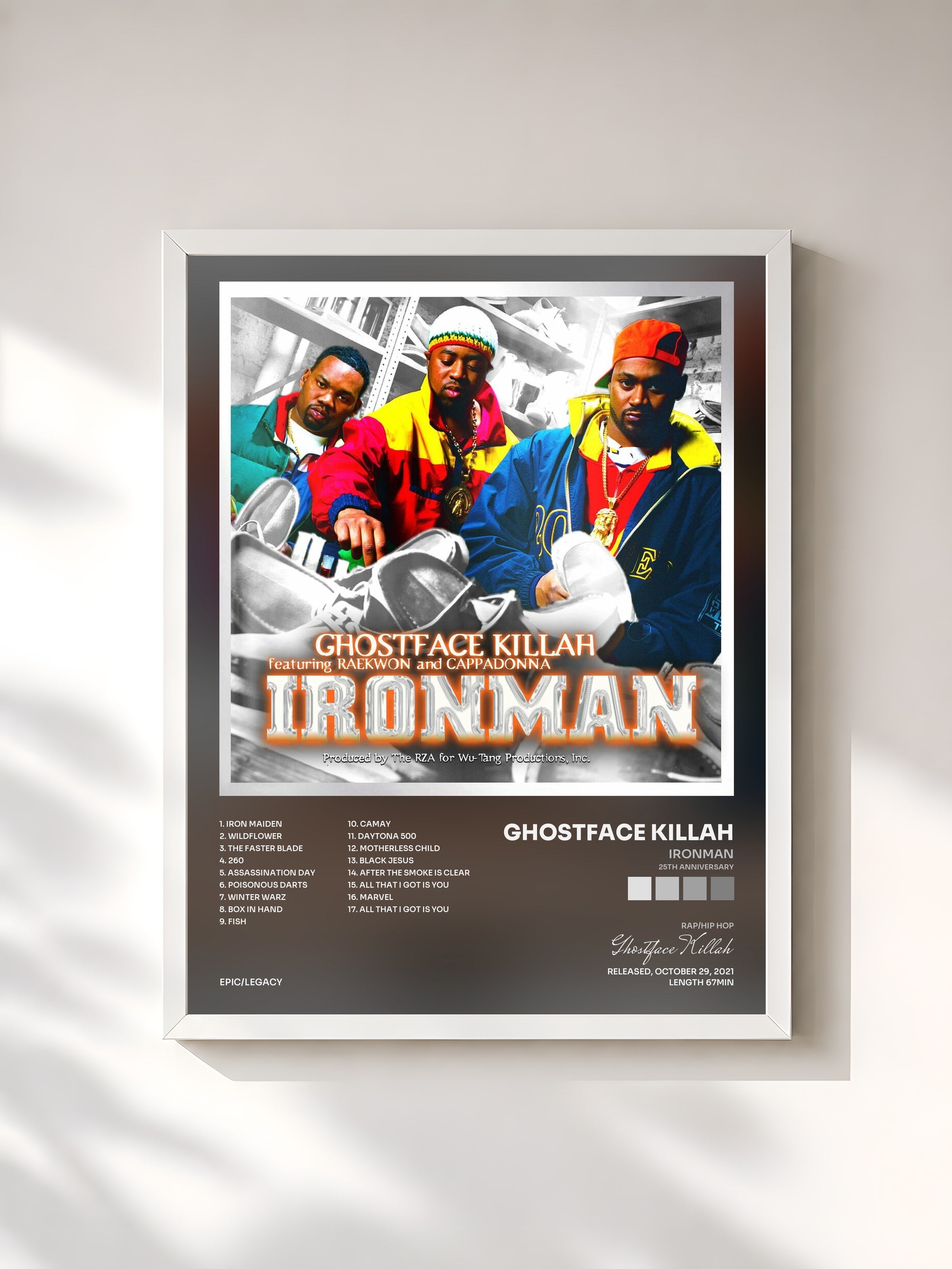 #blanc Tableau de l'album Ironman (25th Anniversary) de Ghostface Killah, cadre blanc, imprimé et encadré en France