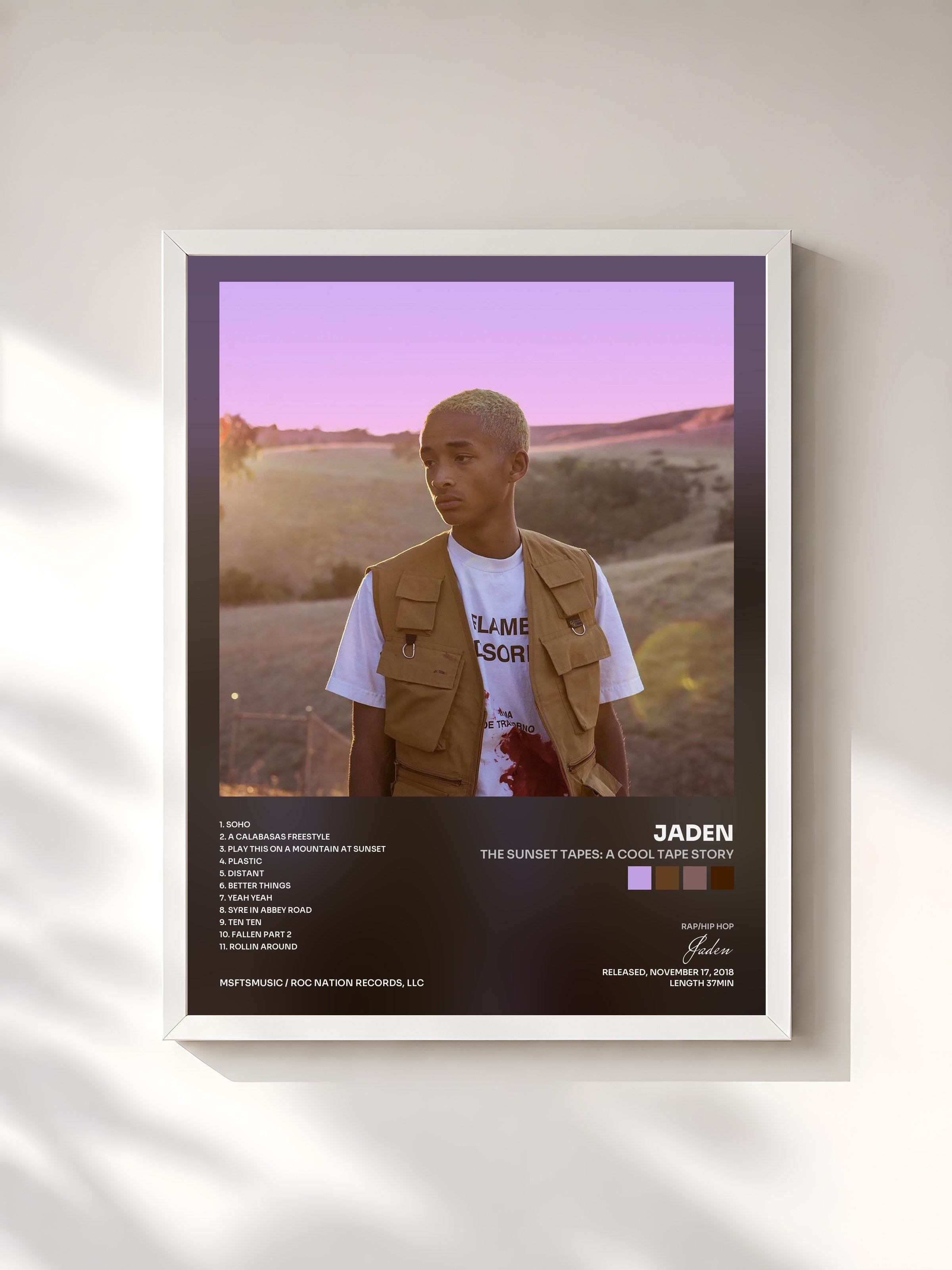 #blanc Tableau de l'album The Sunset Tapes: A Cool Tape Story de Jaden, cadre blanc, imprimé et encadré en France