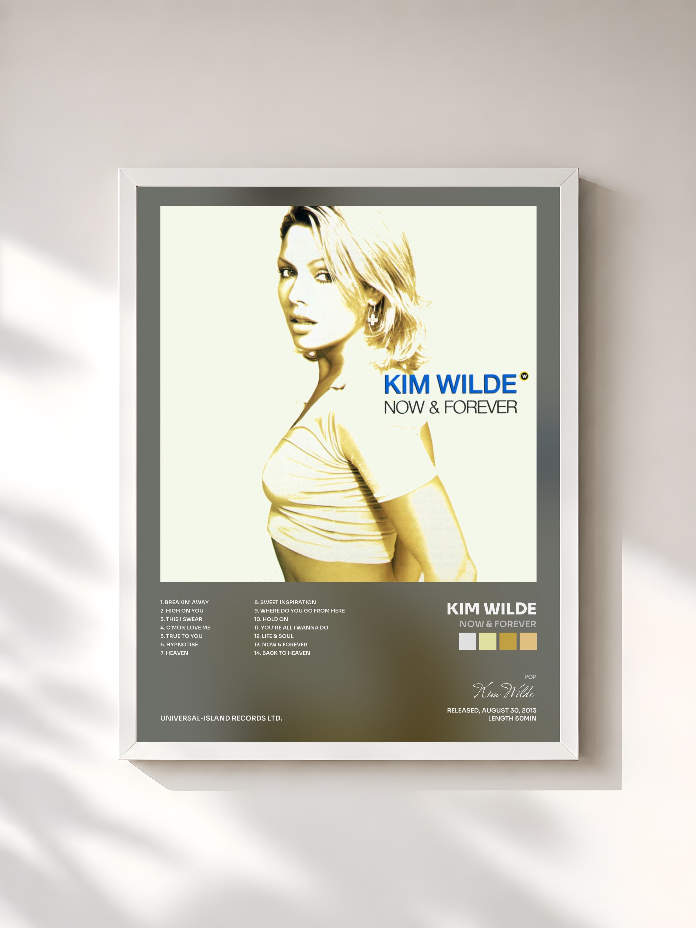 #blanc Tableau de l'album Now & Forever de Kim Wilde, cadre blanc, imprimé et encadré en France
