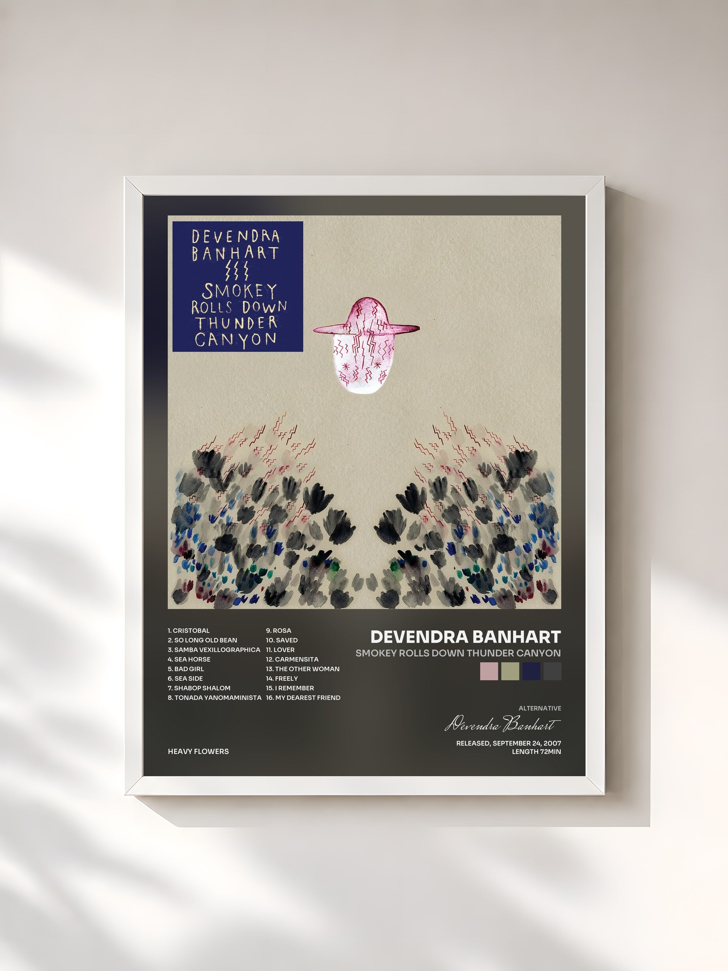 #blanc Tableau de l'album Smokey Rolls Down Thunder Canyon de Devendra Banhart, cadre blanc, imprimé et encadré en France
