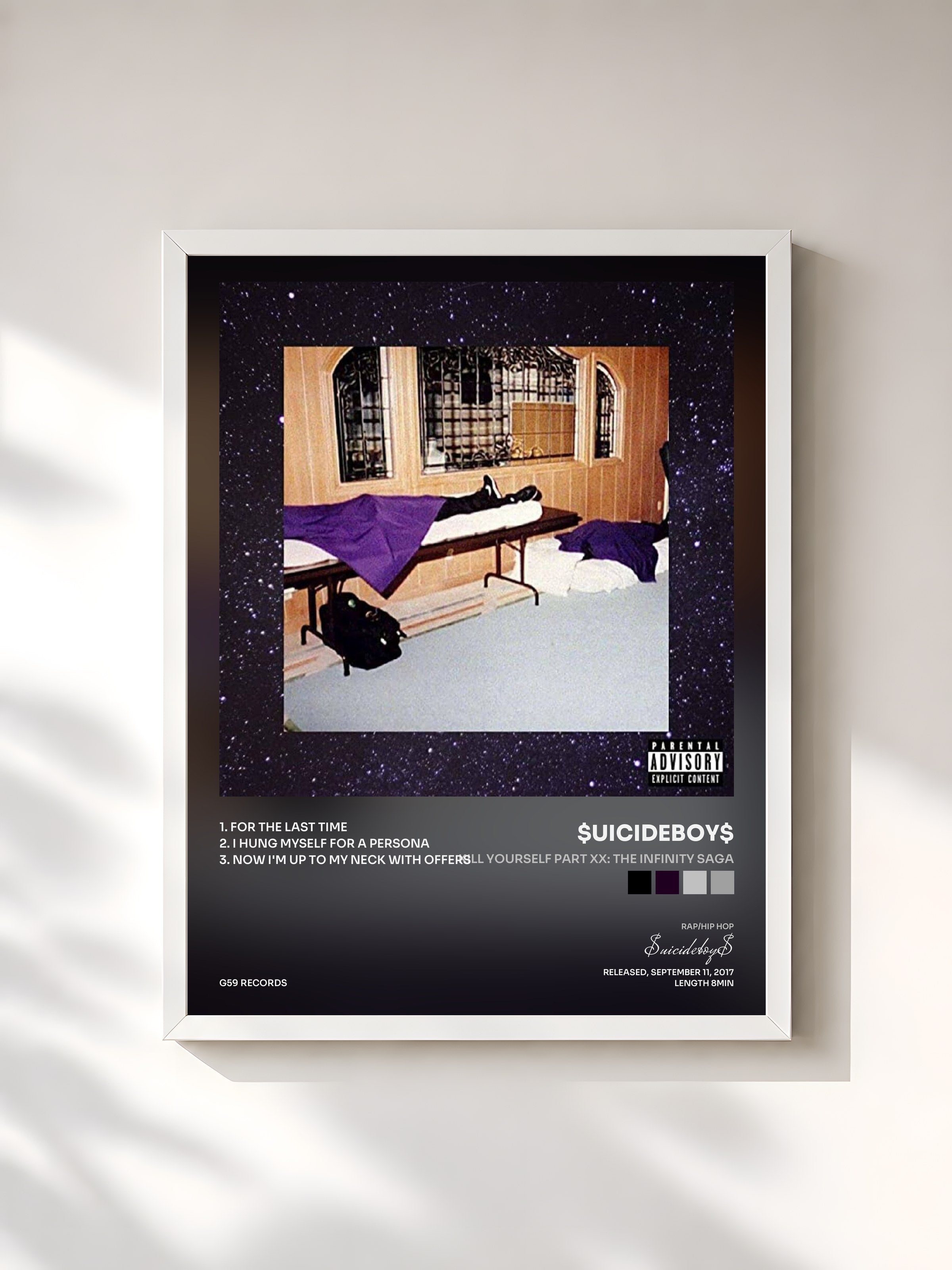 #blanc Tableau de l'album KILL YOURSELF Part XX: The Infinity Saga de $uicideboy$, cadre blanc, imprimé et encadré en France