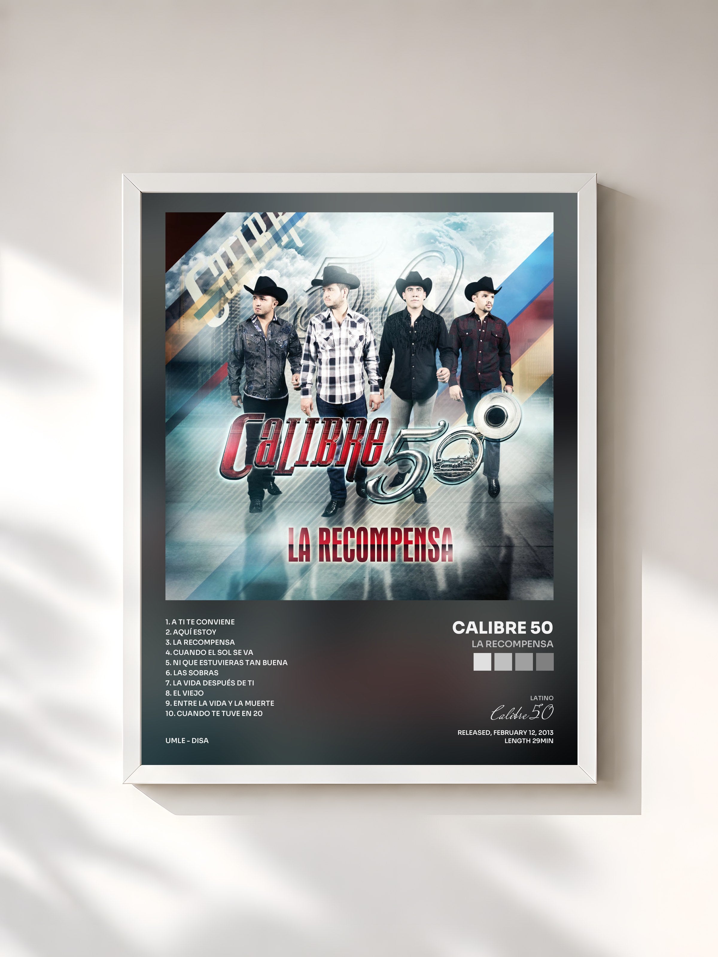 #blanc Tableau de l'album La Recompensa de Calibre 50, cadre blanc, imprimé et encadré en France