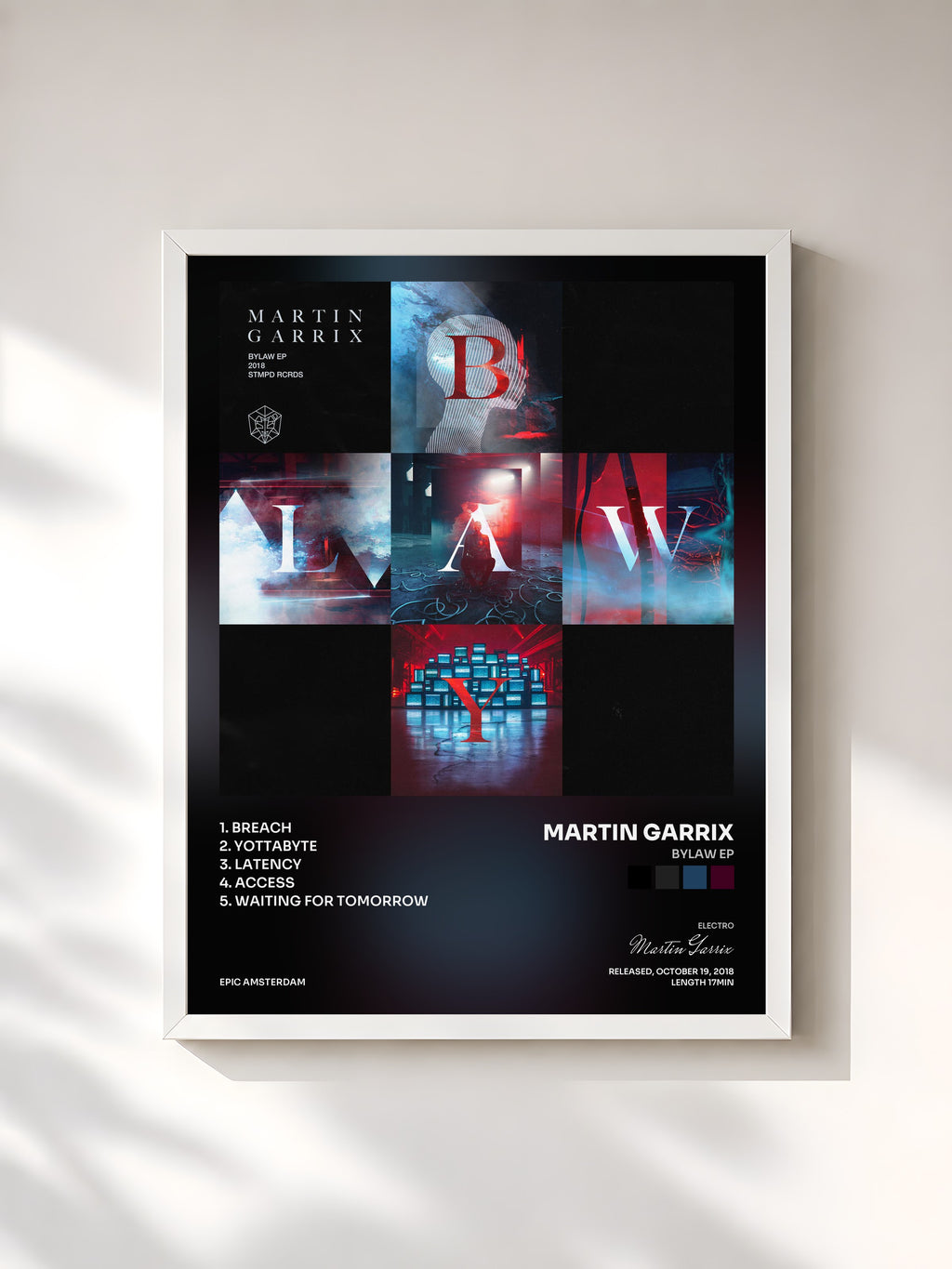 #blanc Tableau de l'album BYLAW EP de Martin Garrix, cadre blanc, imprimé et encadré en France