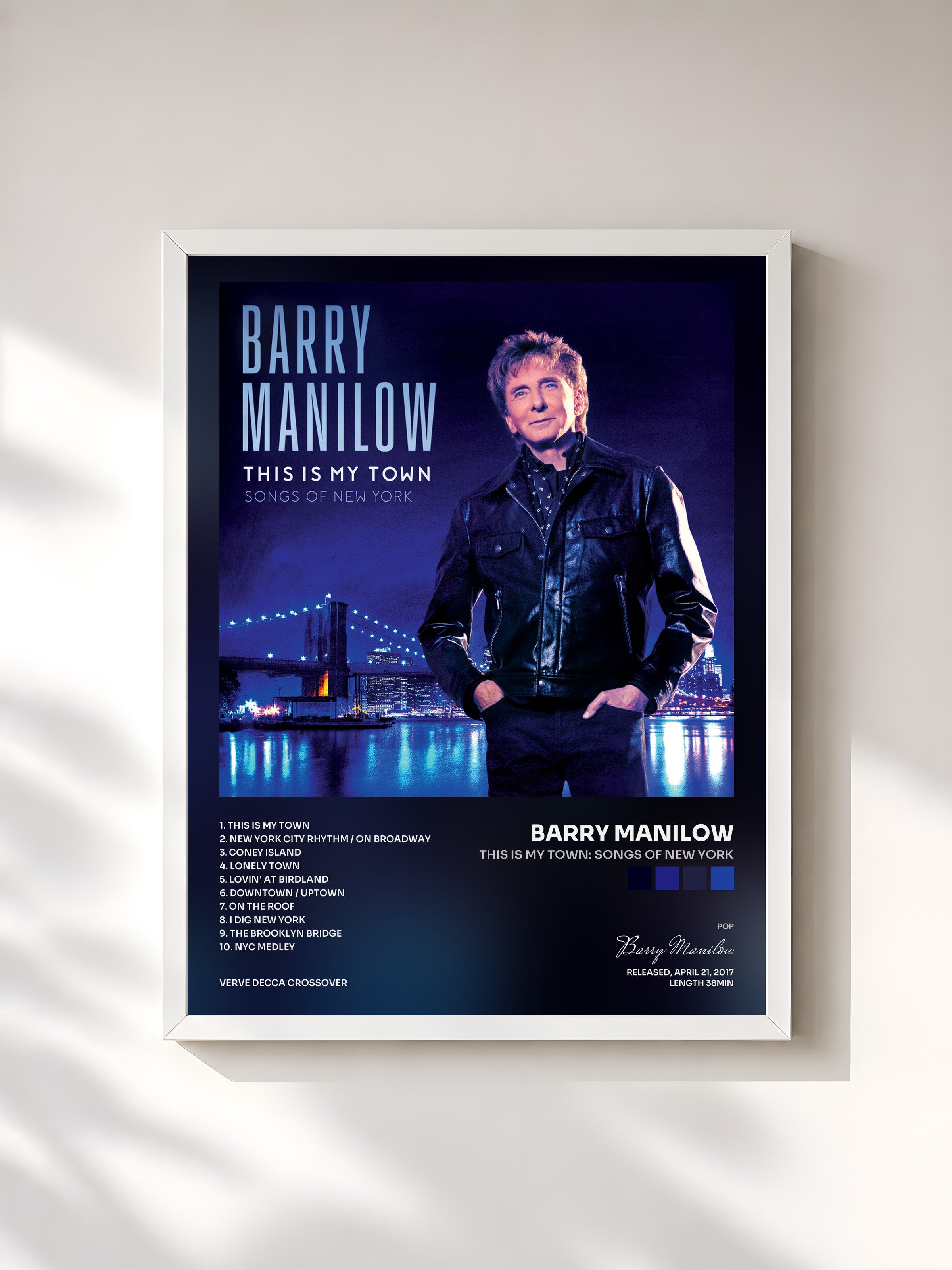 #blanc Tableau de l'album This Is My Town: Songs Of New York de Barry Manilow, cadre blanc, imprimé et encadré en France