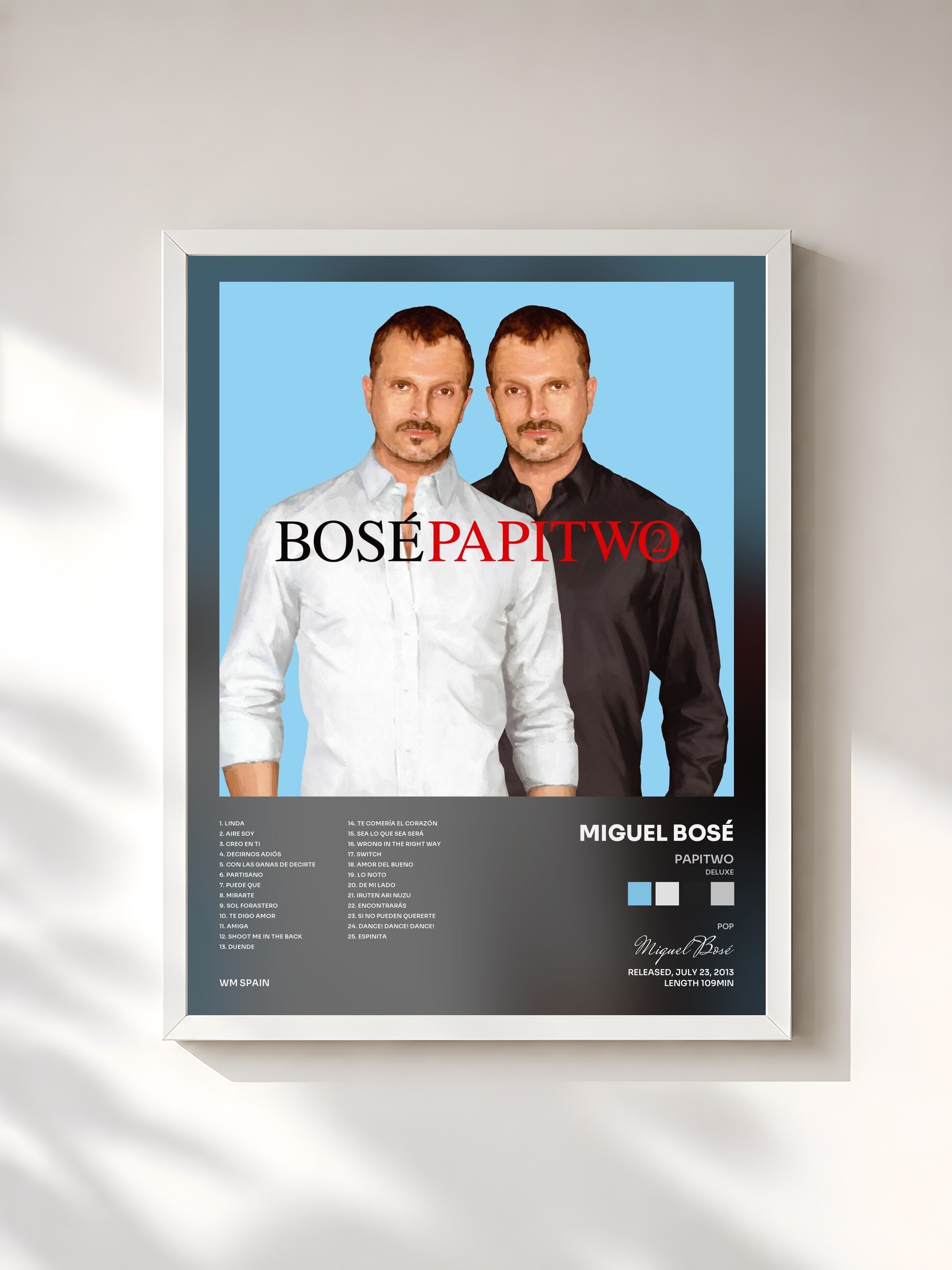 #blanc Tableau de l'album Papitwo (Deluxe) de Miguel Bosé, cadre blanc, imprimé et encadré en France