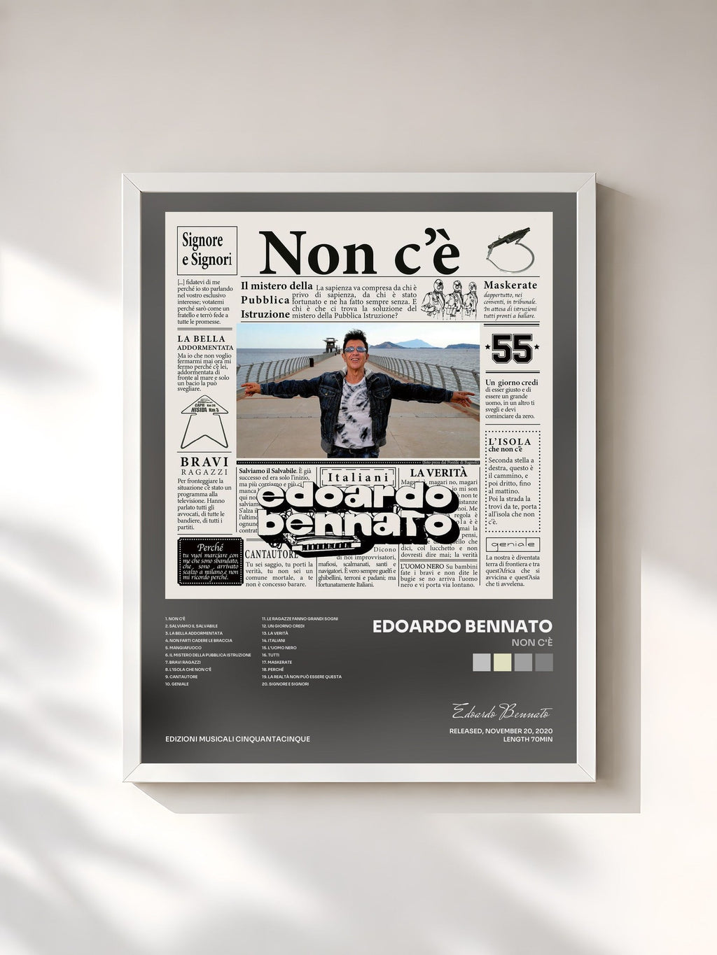 #blanc Tableau de l'album Non c'è de Edoardo Bennato, cadre blanc, imprimé et encadré en France