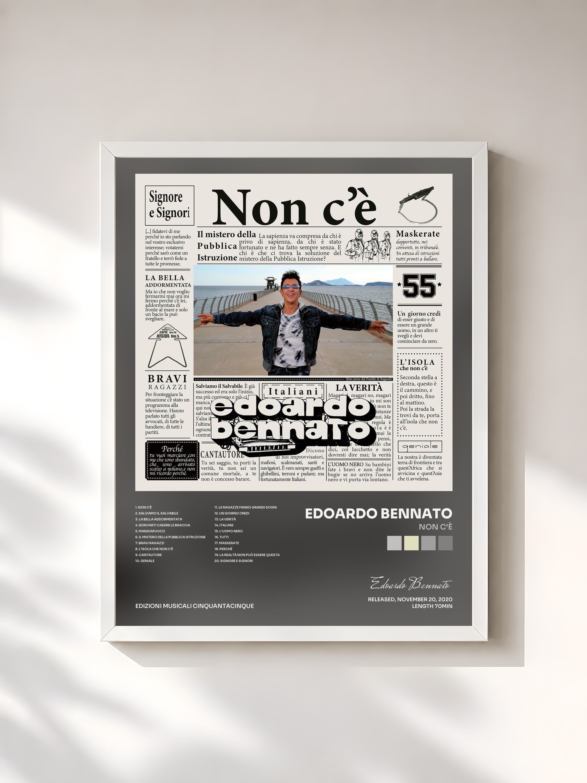 #blanc Tableau de l'album Non c'è de Edoardo Bennato, cadre blanc, imprimé et encadré en France