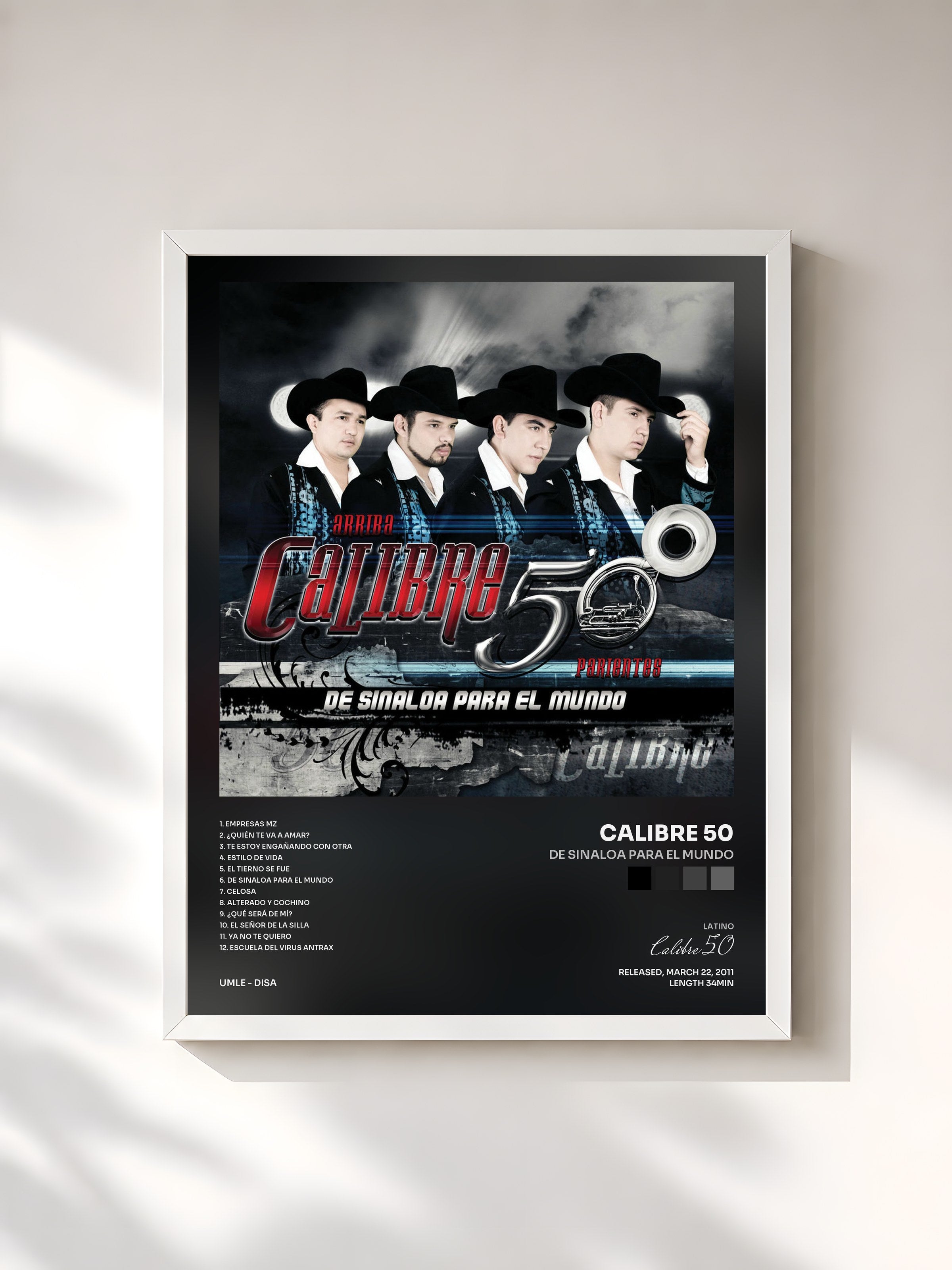 #blanc Tableau de l'album De Sinaloa Para El Mundo de Calibre 50, cadre blanc, imprimé et encadré en France