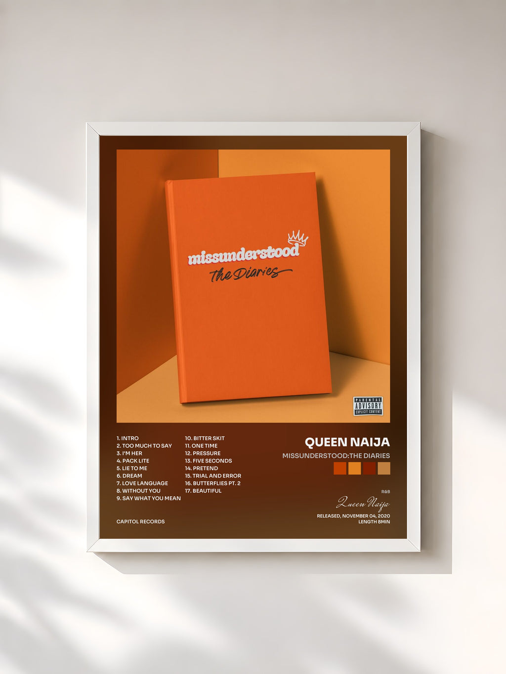 #blanc Tableau de l'album missunderstood:The Diaries de Queen Naija, cadre blanc, imprimé et encadré en France