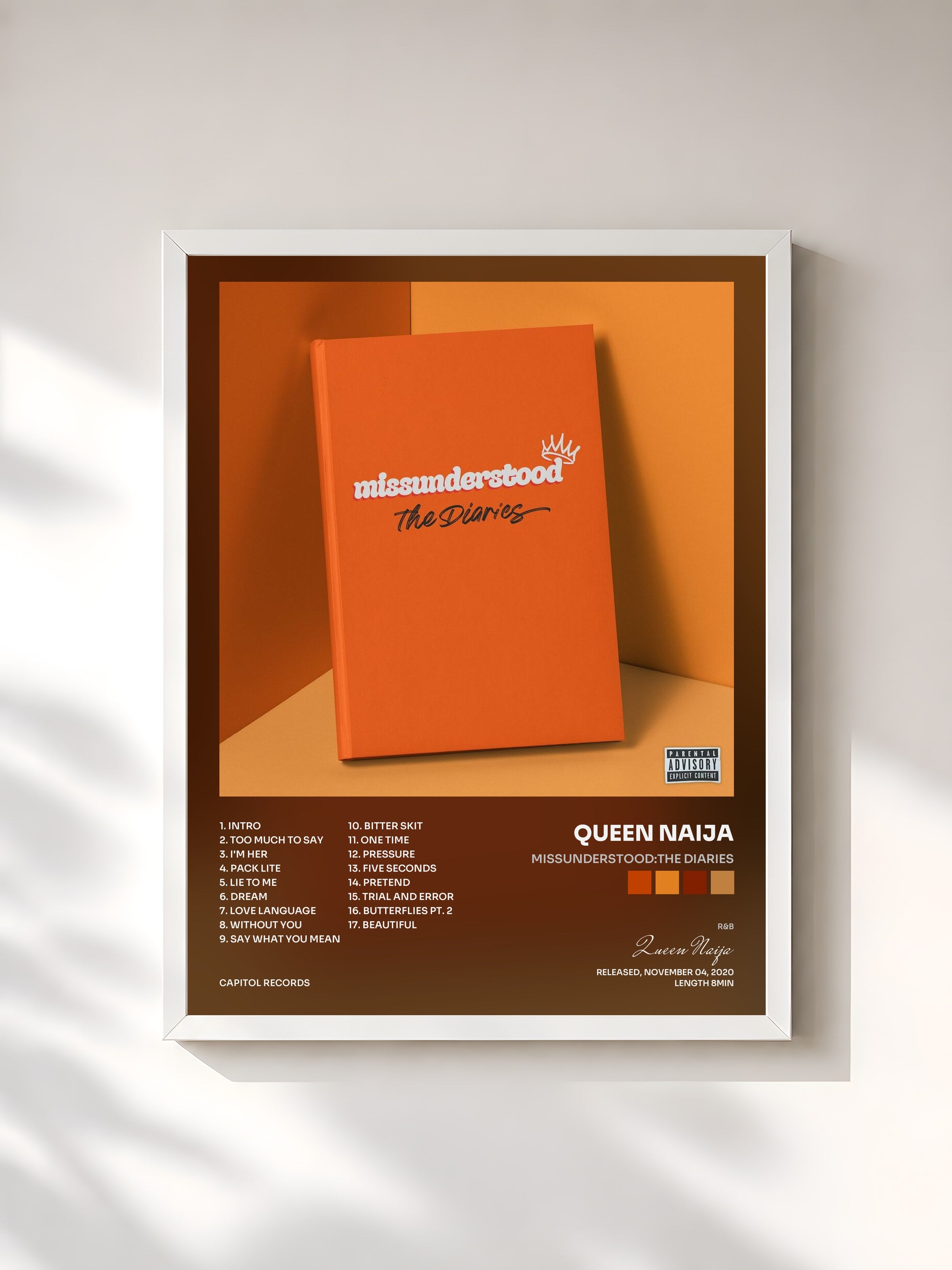 #blanc Tableau de l'album missunderstood:The Diaries de Queen Naija, cadre blanc, imprimé et encadré en France