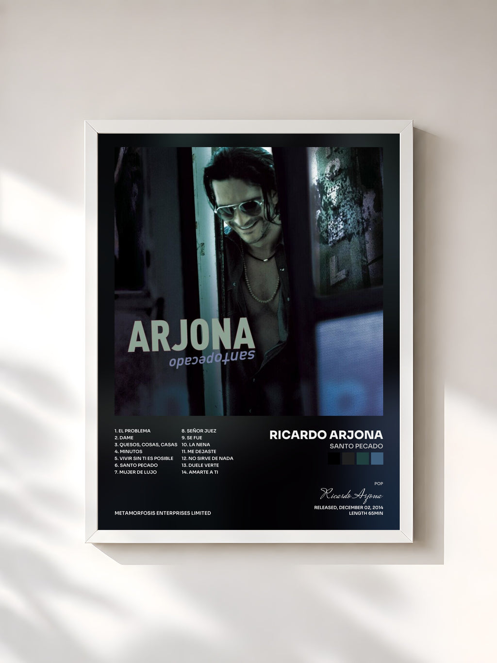 #blanc Tableau de l'album Santo Pecado de Ricardo Arjona, cadre blanc, imprimé et encadré en France