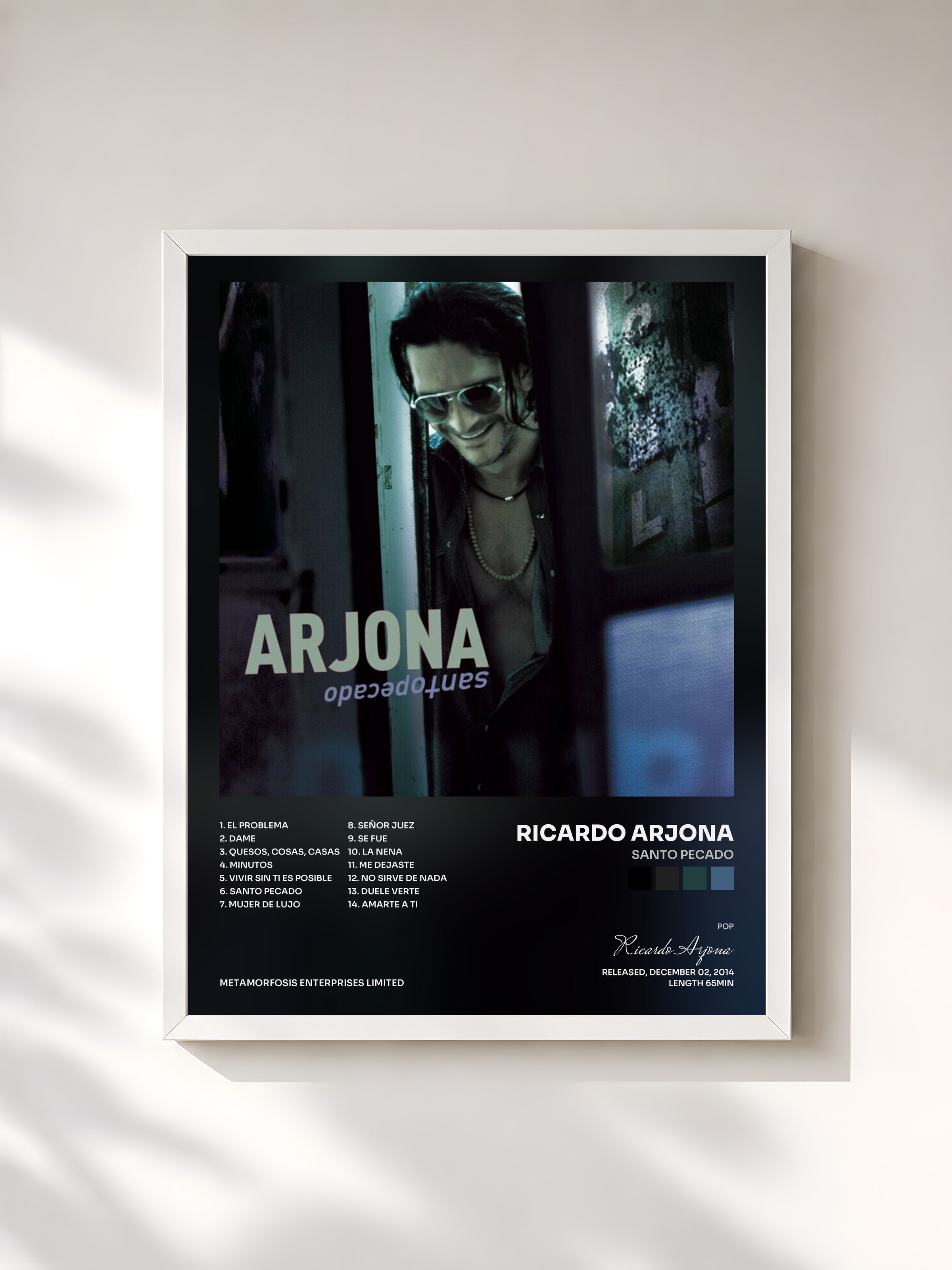 #blanc Tableau de l'album Santo Pecado de Ricardo Arjona, cadre blanc, imprimé et encadré en France