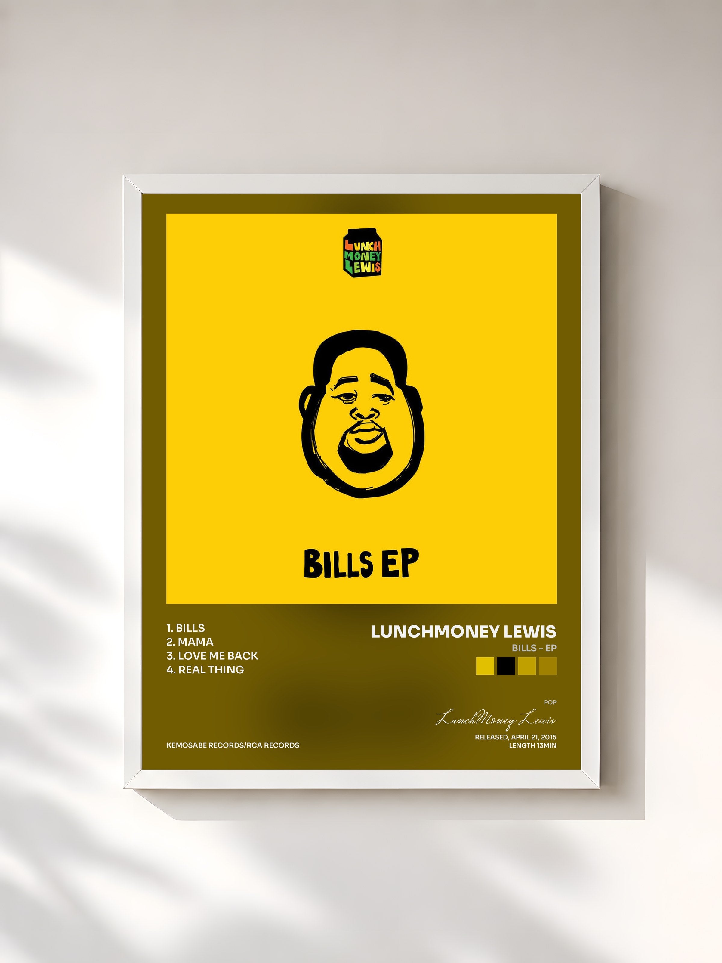 #blanc Tableau de l'album Bills - EP de LunchMoney Lewis, cadre blanc, imprimé et encadré en France