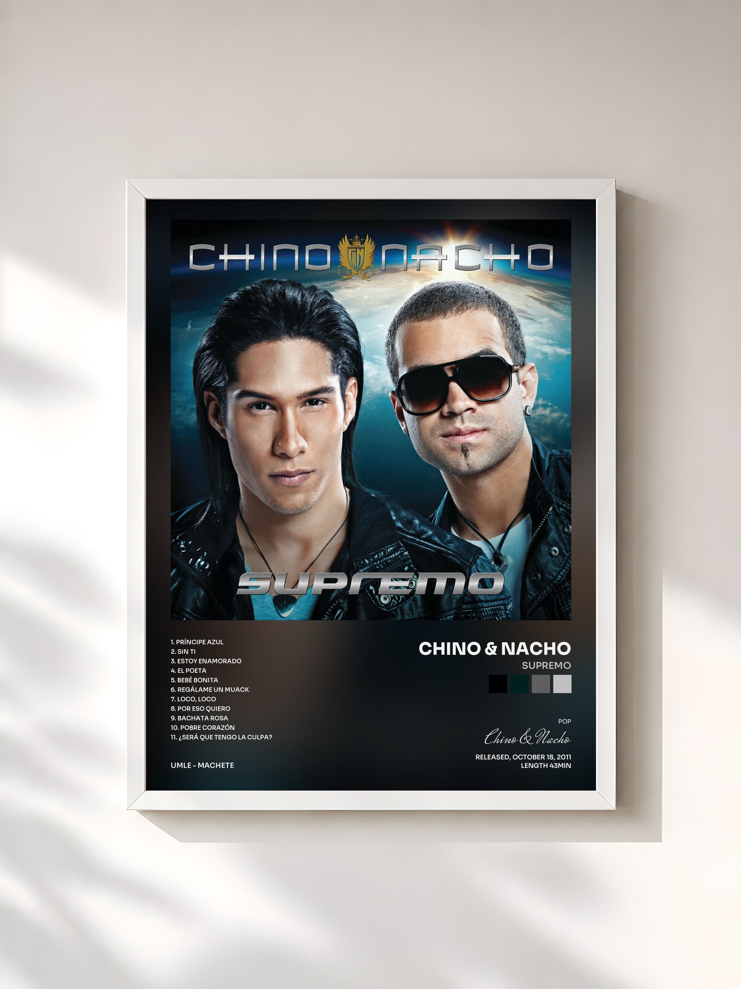#blanc Tableau de l'album Supremo de Chino & Nacho, cadre blanc, imprimé et encadré en France