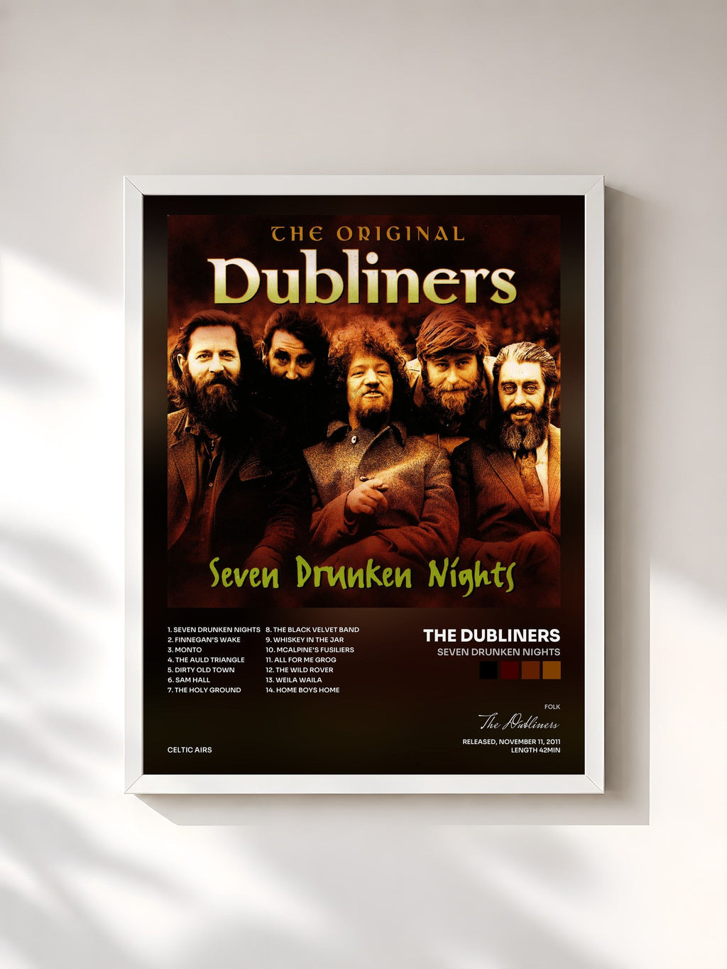 #blanc Tableau de l'album Seven Drunken Nights de The Dubliners, cadre blanc, imprimé et encadré en France