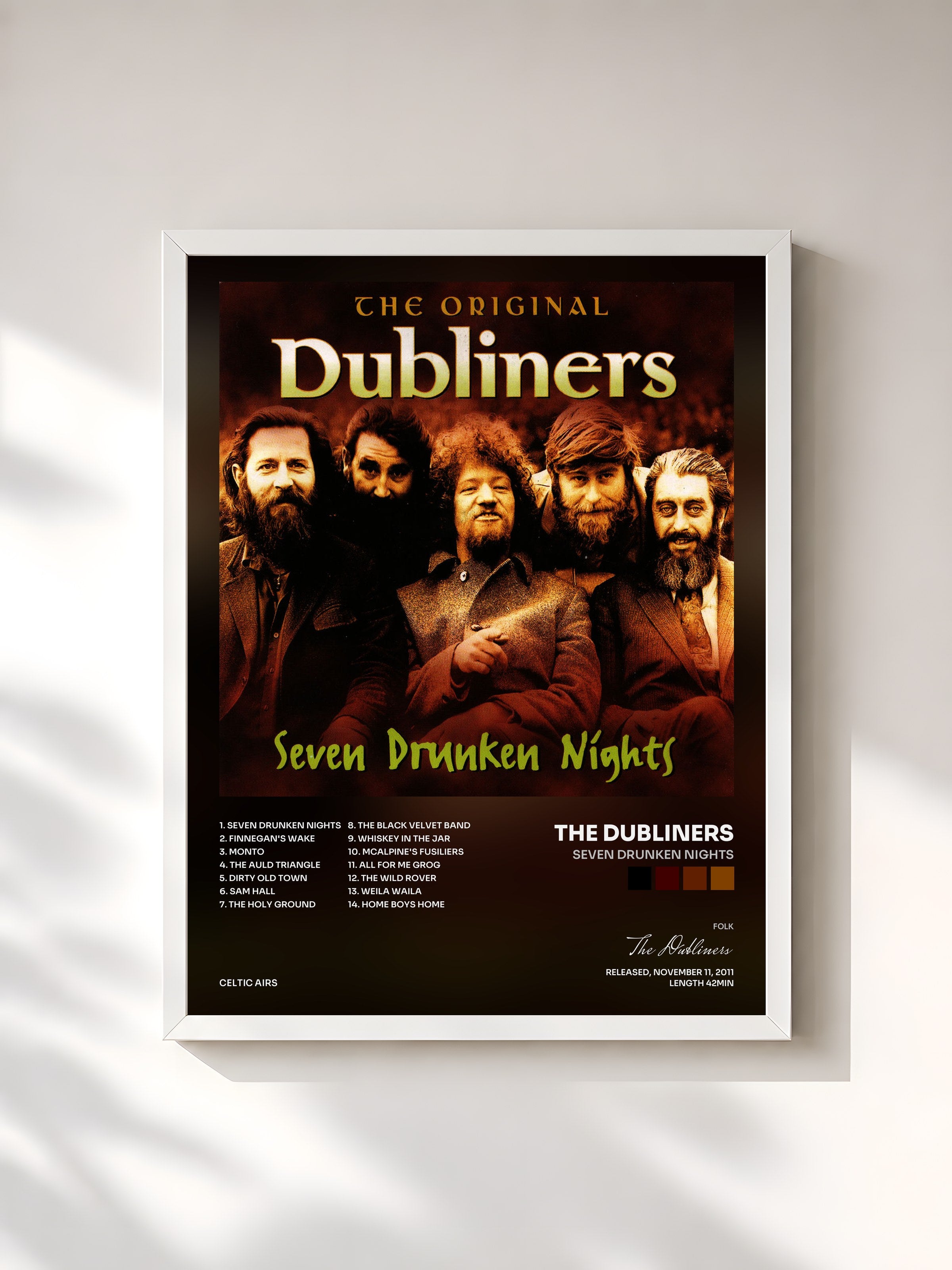 #blanc Tableau de l'album Seven Drunken Nights de The Dubliners, cadre blanc, imprimé et encadré en France